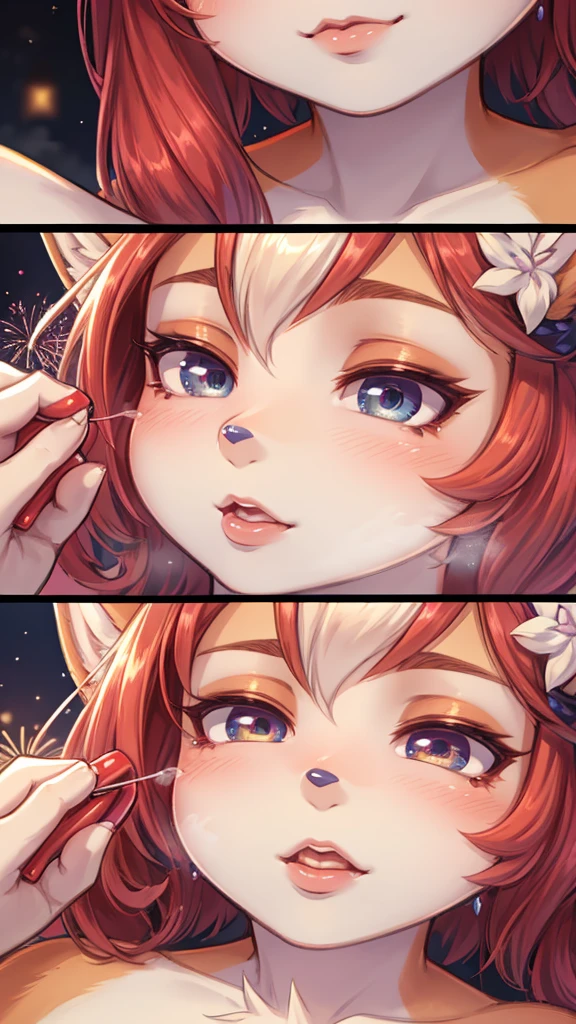 Hallucination, daydream , fantastic , Fear , bokeh , fox girl , hair tie , Medium hair , up hair , Sensual nape , Fireworks display , (closeup face:1.9) , glossy lips , detail , (Close eyes) , Waiting for a kiss , from below , (woman on top) , steamy breath , I can not stand it any longer , Mouth gesture , (Hand job gesture:0.8) , Hair falls towards the viewer , Peeking Down , Applying lipstick , Lipstick advertisement , Rouge lipstick