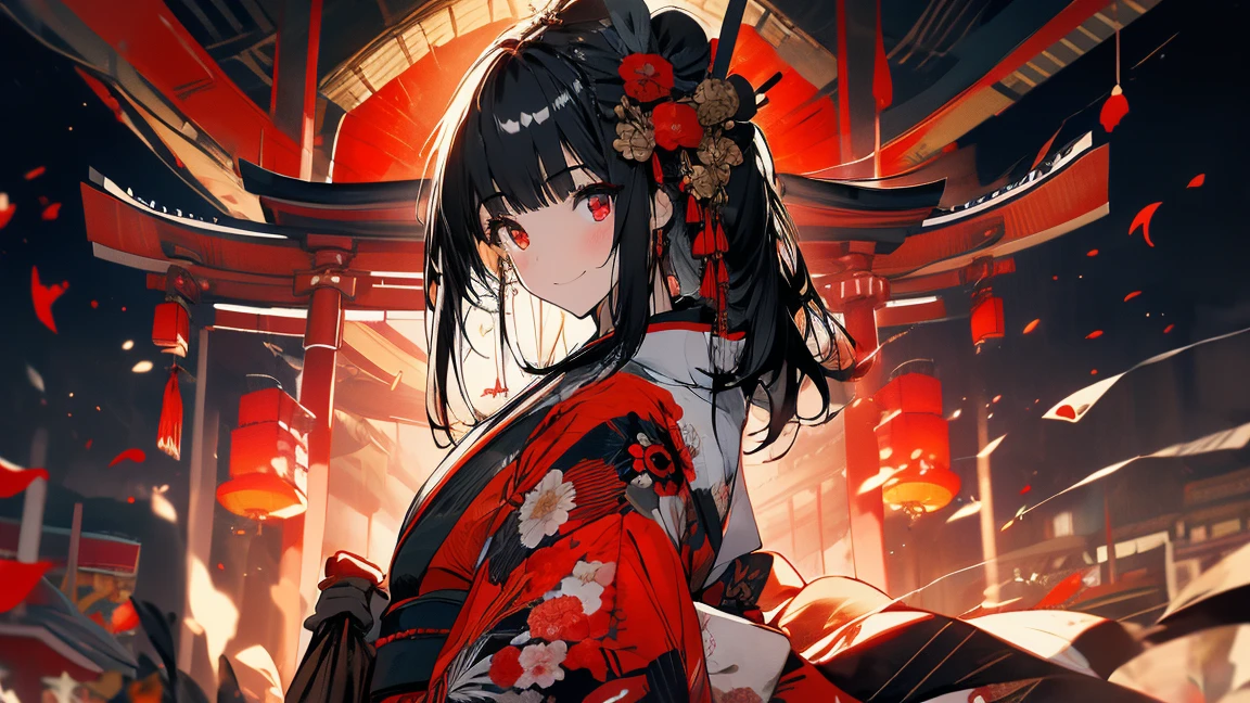 (Pieces fly), (highest quality), Very detailed, 1 girl, Focus Only，Perfect Face, Pretty face, Very detailed顔，(Black-haired:1.3)，(Red eyes:1.3)，Light，smile，new year，(kimono:1.4)，shrine
