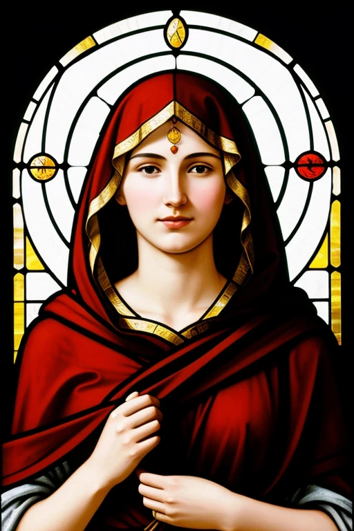 I would like to create a simplified drawing of the goddess Vesta. on a simple style. an image that evokes a stained glass window. if possible, the face of the goddess should not be shown. an oval of flesh, or hidden in the shadow of a hood.