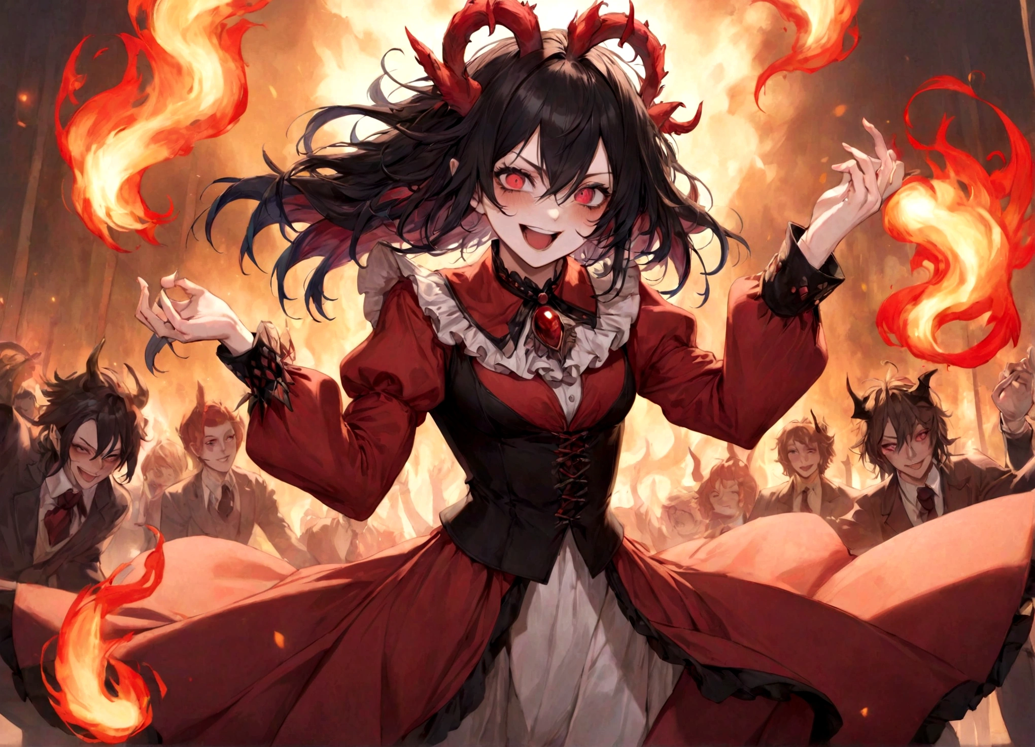 Jester, Red, Black, Rakdos, High Quality, Laughing, Female, Black Sclera, Red Iris, Fire, Magic the Gathering, Androgynous, Adult, Psychopath, Circus, Dancing, Solo, Theatre, Performer, Look Away, Black long Hair, Hair Falling over Face, 30 years old, Milf, Grown Up, Not young looking, Pale, red markings under the eyes