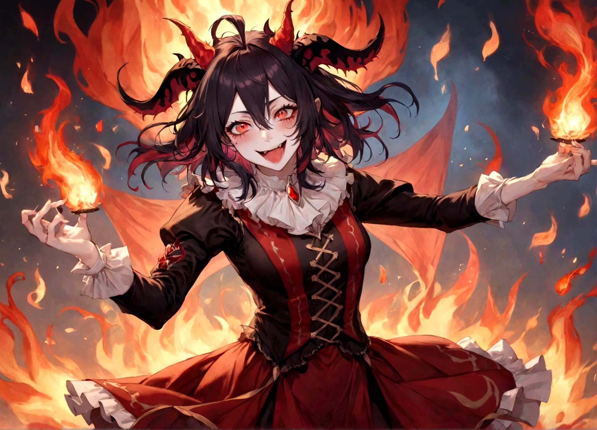 Jester, Red, Black, Rakdos, High Quality, Laughing, Female, Black Sclera, Red Iris, Fire, Magic the Gathering, Androgynous, Adult, Psychopath, Circus, Dancing, Solo, Theatre, Performer, Look Away, Black long Hair, Hair Falling over Face, 30 years old, Milf, Grown Up, Not young looking, Pale, red markings under the eyes