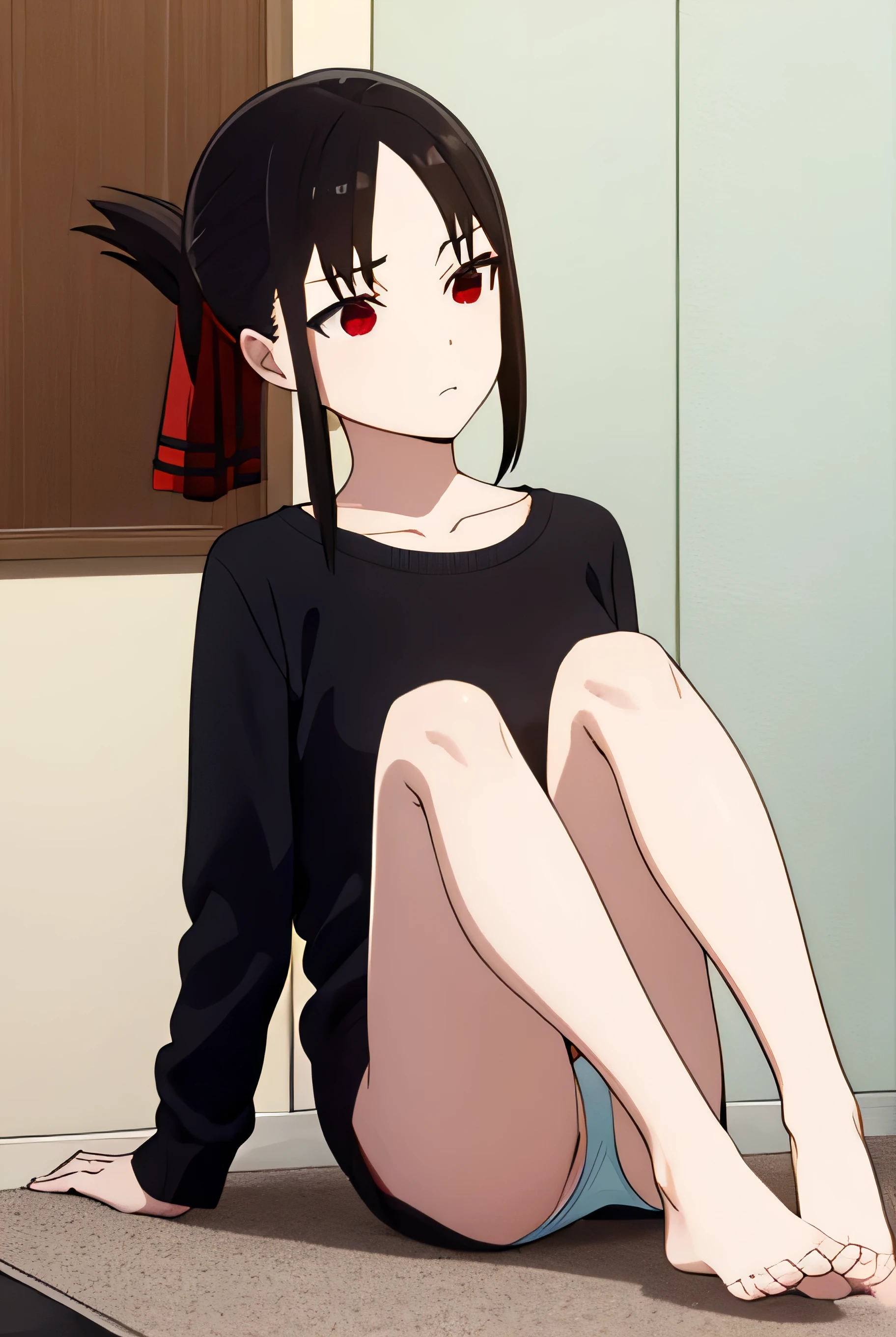 short hair, bangs, black hair, (red eyes:1.3), hair ribbon, sidelocks, folded ponytail, (parted bangs:1.5),
BREAK light blue bra, black socks, no shoes, nsfw
BREAK indoors, bedroom,
BREAK light blue panties, BREAK full body view, ultra high quality, underwear, legs spread, sitting on floor, no shirt, panties, bra, best legs, best feet