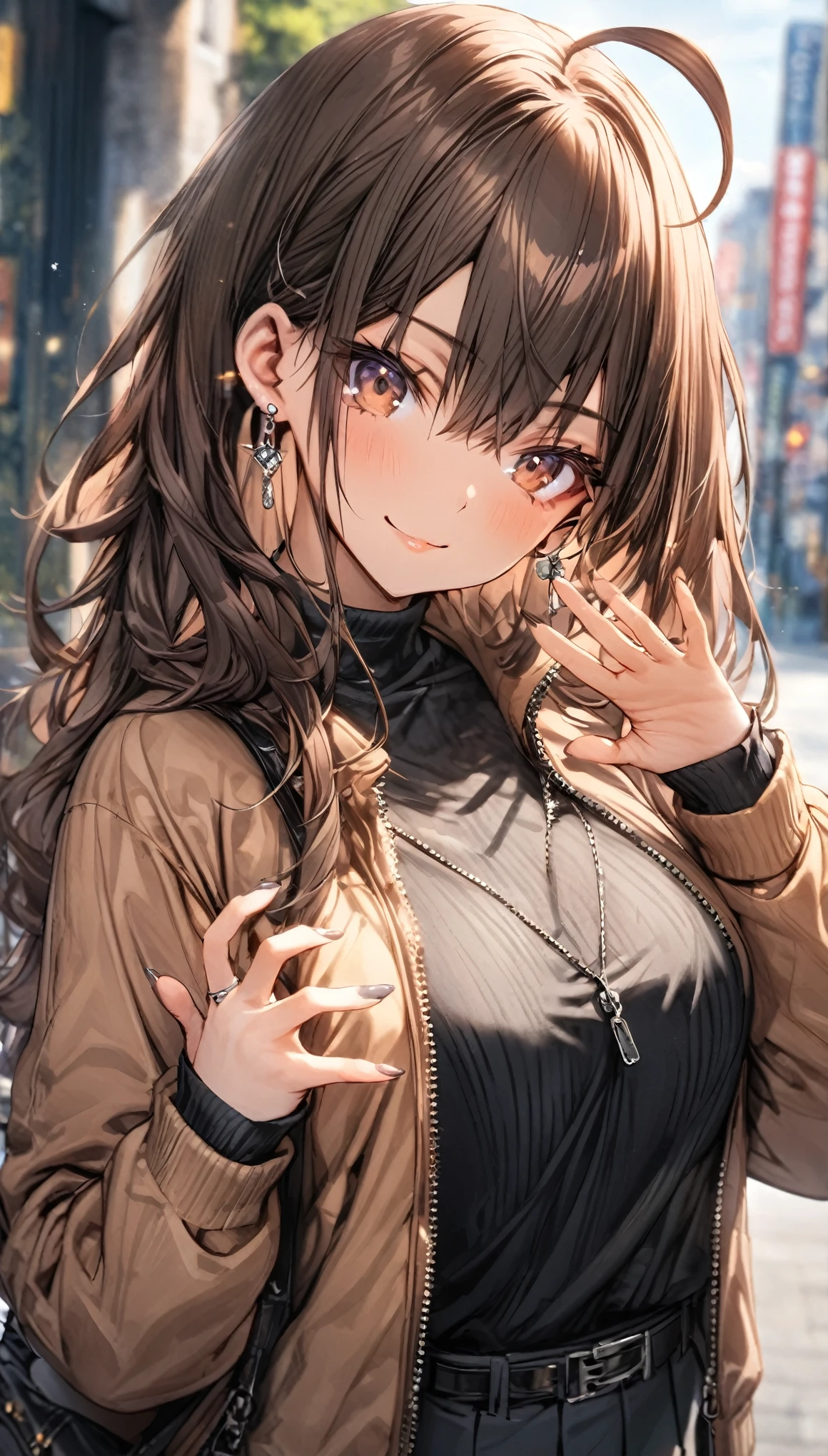 ((masterpiece, best quality)), very aesthetic, absurdres, One girl, Ahoge, bangs, black skirt, black sweater, Blurred, Blurred background, chest, Brown eyes, Brown Hair, brown Jacket, Mouth closed, Day, Depth of written boundary, Earrings, eyelash, Raise your hand, Tilt your head, Jacket, jewelry, Long Hair, Long sleeve, View Viewer, medium chest, Manicure, Open clothes, open Jacket, Outdoor, Pursed lips, Tucked in shirt, Side Lock, skirt, Sleeves are longer than the wrist, alone, sweater, Upper Body, zipper, smile,