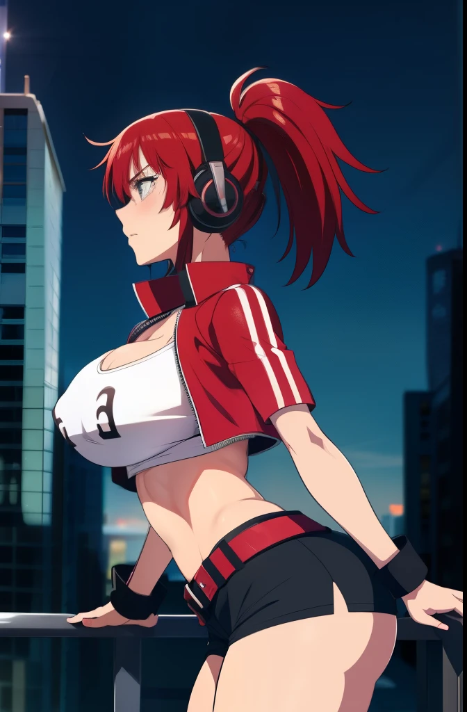 20 year old woman, busty, bubble butt, hourglass figure, skinny, blushing, frustrated expression, horny, seductive, long hair, red hair, ponytail hair, wearing black headphones, white tshirt, cropped red jacket, blue hotpants, brown belt, black tights, red heeled boots, tight fitting clothing, middrift, cleavage, anime, city at night, outside, headphones, punk, punk style, punk hair