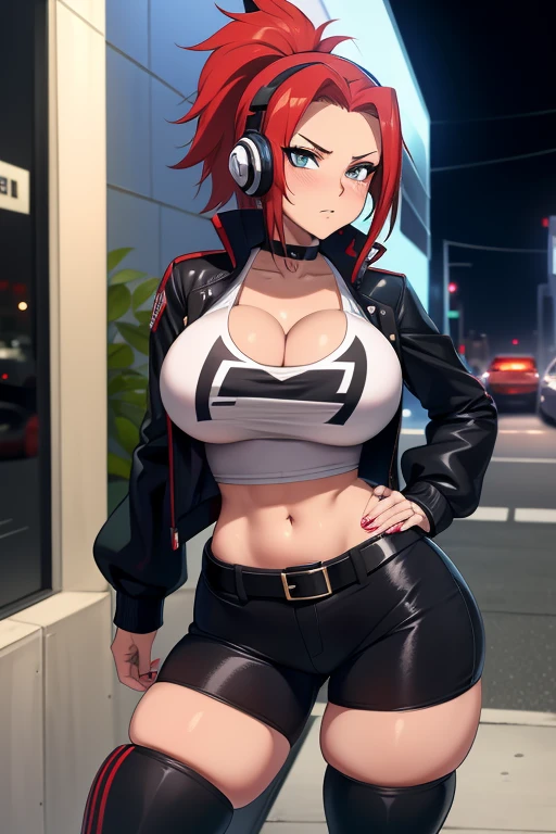 20 year old woman, busty, bubble butt, hourglass figure, skinny, blushing, frustrated expression, horny, seductive, long hair, red hair, ponytail hair, wearing black headphones, white tshirt, cropped red jacket, blue hotpants, brown belt, black tights, red heeled boots, tight fitting clothing, middrift, cleavage, anime, city at night, outside, headphones, punk, punk style, punk hair