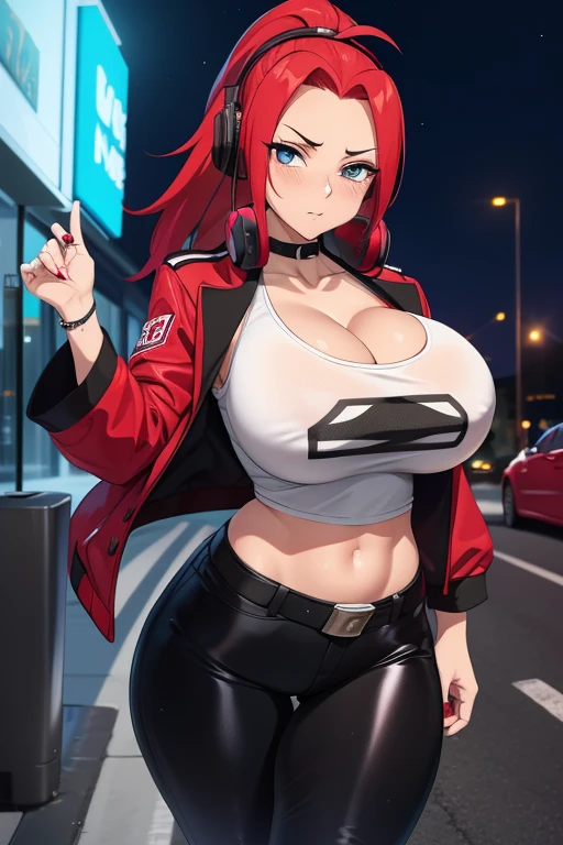 20 year old woman, busty, bubble butt, hourglass figure, skinny, blushing, frustrated expression, horny, seductive, long hair, red hair, ponytail hair, wearing black headphones, white tshirt, cropped red jacket, blue hotpants, brown belt, black tights, red heeled boots, tight fitting clothing, middrift, cleavage, anime, city at night, outside, headphones, punk, punk style, punk hair