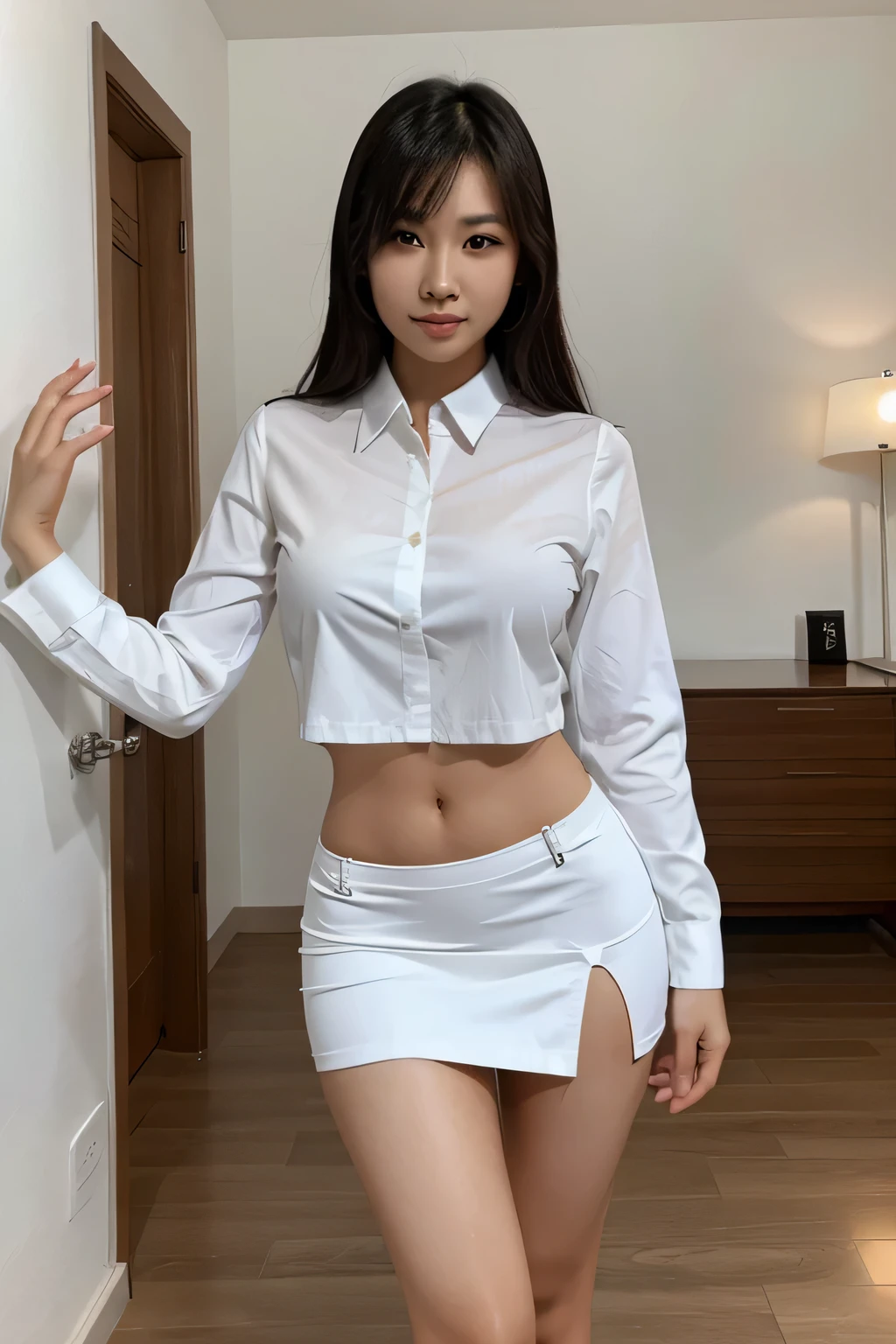 A woman. 29 yo, asian, slim and sexy body. Big breas wear a white shirt, mini skirt with long slit.