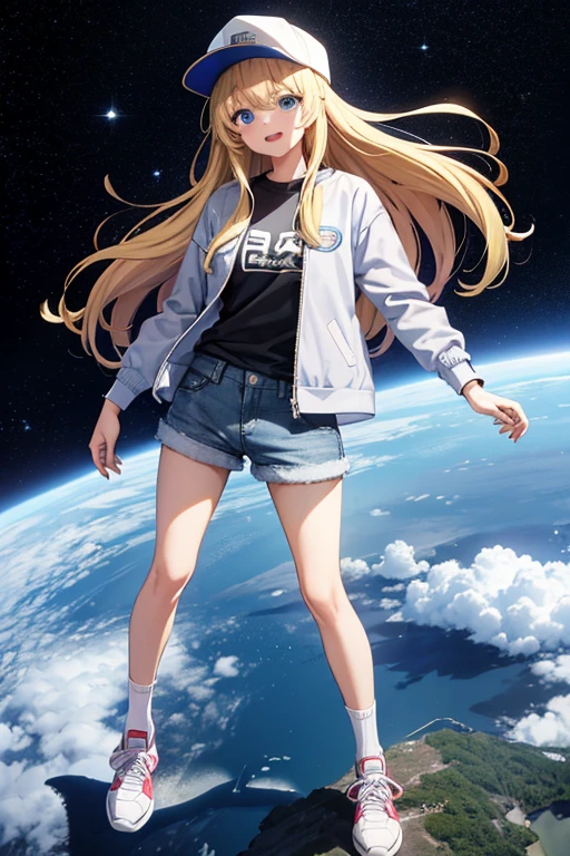 Anime drawings、Full body portrait、Space SF Captain、A woman, about 28 years old, standing upright, about 165cm tall, wearing a grey jacket, white T-shirt and shorts.、Laughing with mouth open、Hairstyle is semi-long straight、Blonde、Blue Eyes、Socks and sneakers、Cap