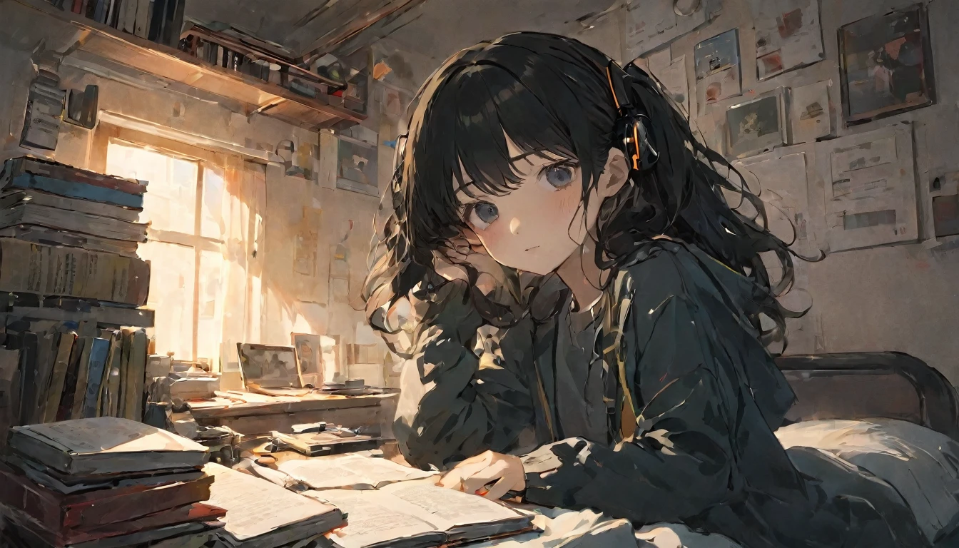 A room with a messy desk and books. Sitting on the bed、Wearing headphones while listening to music。Black haired girl anime illustration、Dark Eyes、Japanese