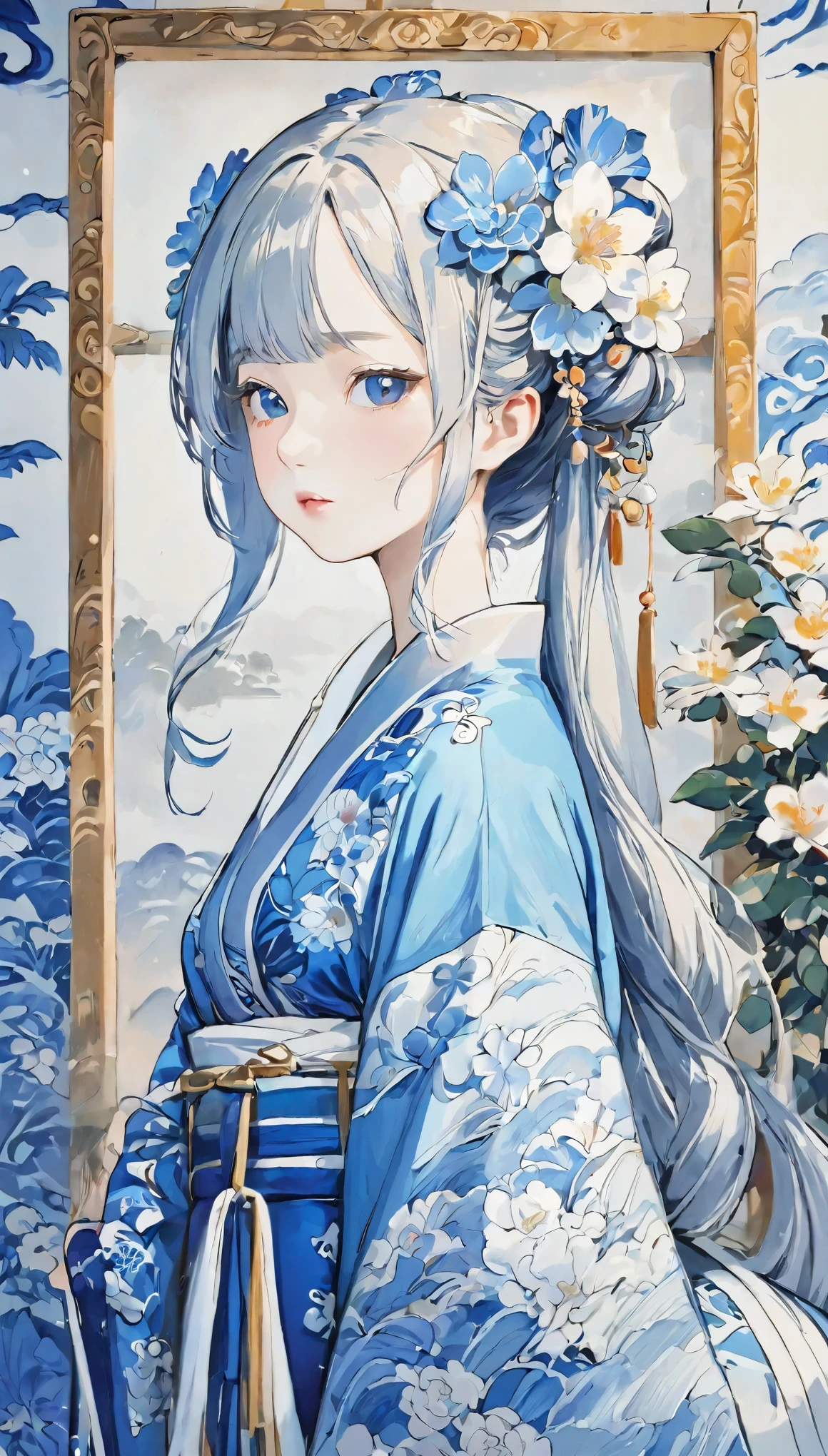 picture，Blue and white dress，Woman with flowers in her hair，Blue and white porcelain style，Hanfu girl，chinese art style，美しいキャラクターのpicture，中国picture画のスタイル，It has a Chinese aesthetic.，Chinese style，Beautiful artwork illustration，traditional chinese art，Oriental art style，Blue and White Porcelain Exhibition，Beautiful anime portrait character composition in the bottom left corner，The upper right corner is decorated with a blue and white porcelain background，（Loss of focus，Out of focus，Soft Lighting，Light，Skylight，Hyper HD）