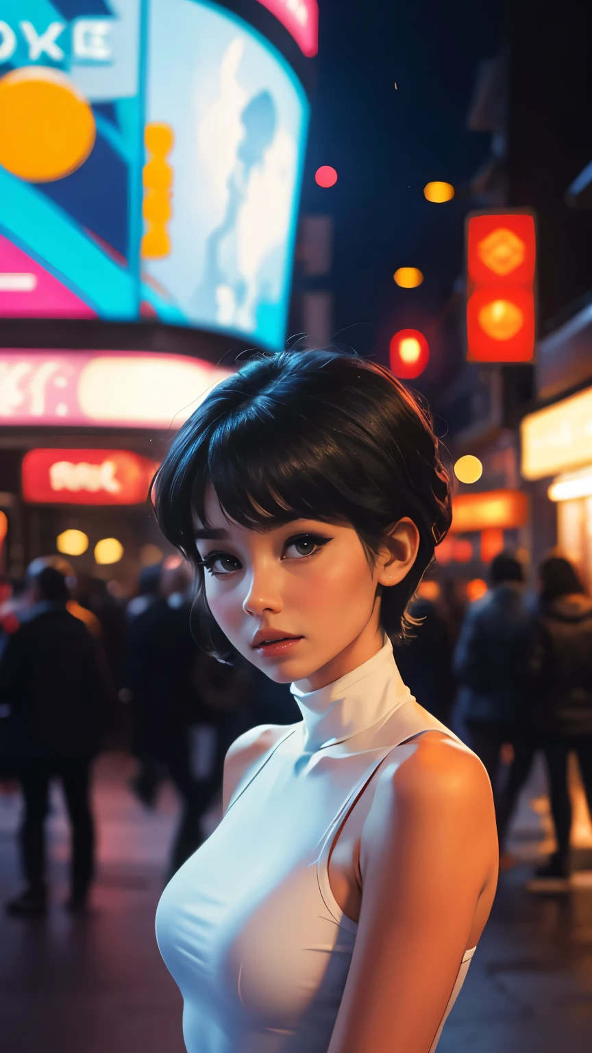 LadyBug, Paris, pretty face, Marinette Dupin-Cheng, short black pixie hair, blue women's jacket, white turtleneck tank top, jeans, white ballet flats, medium-sized breasts, slender body, , model shots, Paris at night, bright lights, neon