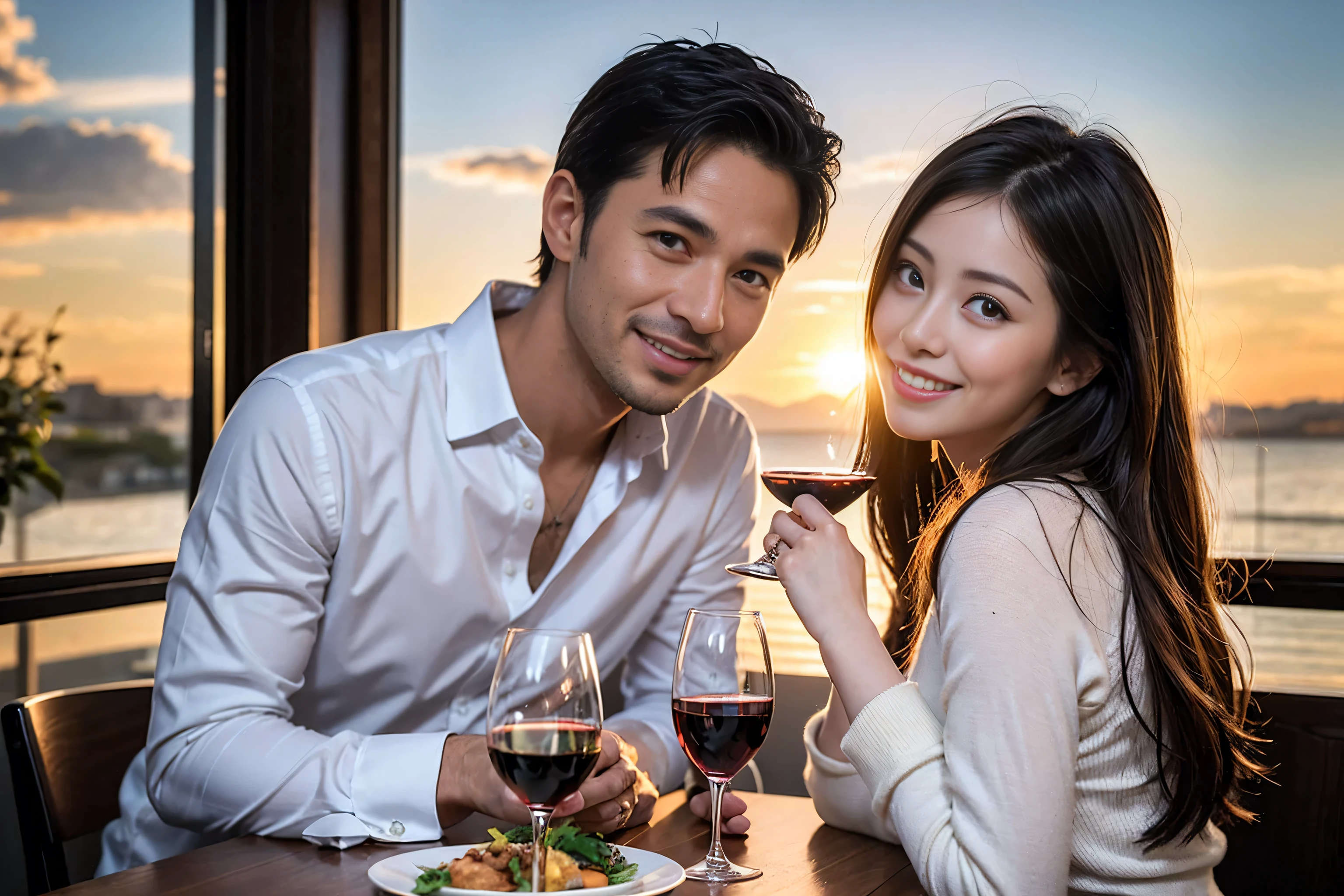 ((highest quality、8k、masterpiece:1.3))、1 male 1 female、A lover who resembles Satomi Ishihara、Beautiful couple、smile、full-course dinner、 (Slim face), (the body is スリム), (Brown Hair), (Shortcuts), Wine glass on the table、Please shine a light on my face、 Amazing view of the sunset sky and clouds、 (Age 37), 39 years old, red wine 、Appetizers、Italian food、Wine bottle、Champagne、sparkling wine、Long sleeve shirt、dress、White wine, red wine, wine glass,