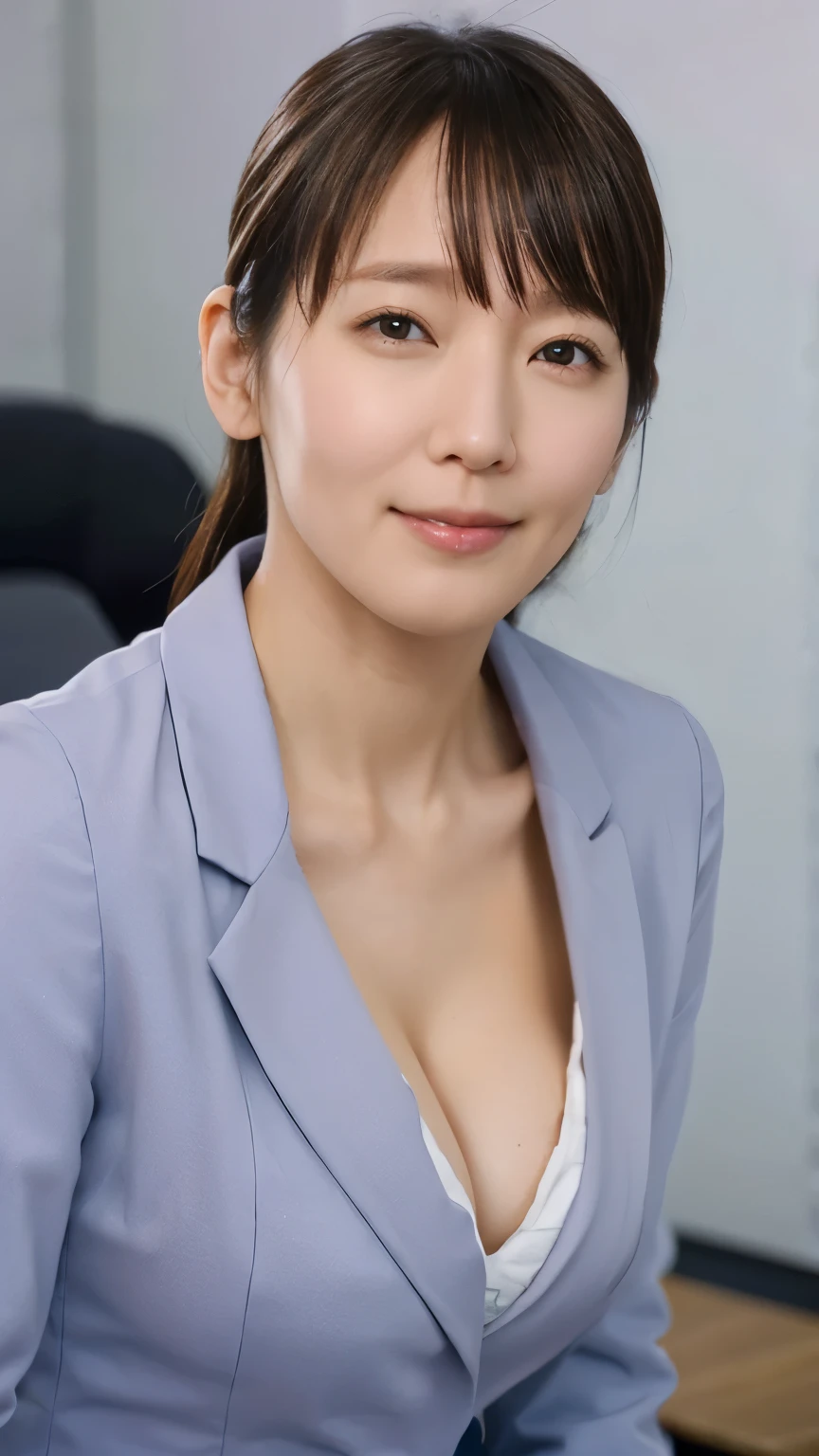 1 female,beauty,Beautiful Face,smile,office lady,Wearing a navy blue suit,No shirt、A dignified appearance,Plump Style,(topless:1.1),(Saggy breasts:1.4),(Cleavage:1.1),Focus on the chest,,View from above,Front view,Ultra-realistic,Ultra-high resolution,highest quality,8k,masterpiece,(Filmed in the office:1.3)、Chest-close pose