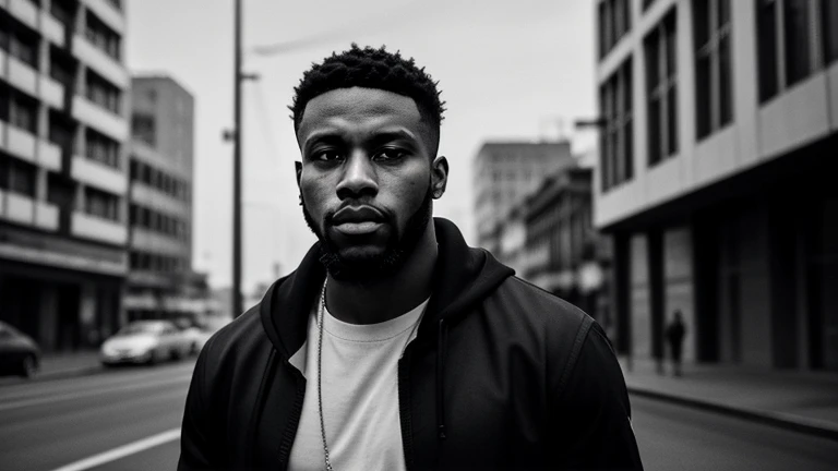 (beautiful,Minimalist,Stylized),Painting,hip hop,Trapping Music,Drill Music,Black man,model,Impressive Features,Detailed beard,Color,manner,have confidence,Deluxe,Monochrome Palette,Striking contrast,Strong Shadows,Elegant lighting,High resolution,Super detailed,Grainy,Urban atmosphere