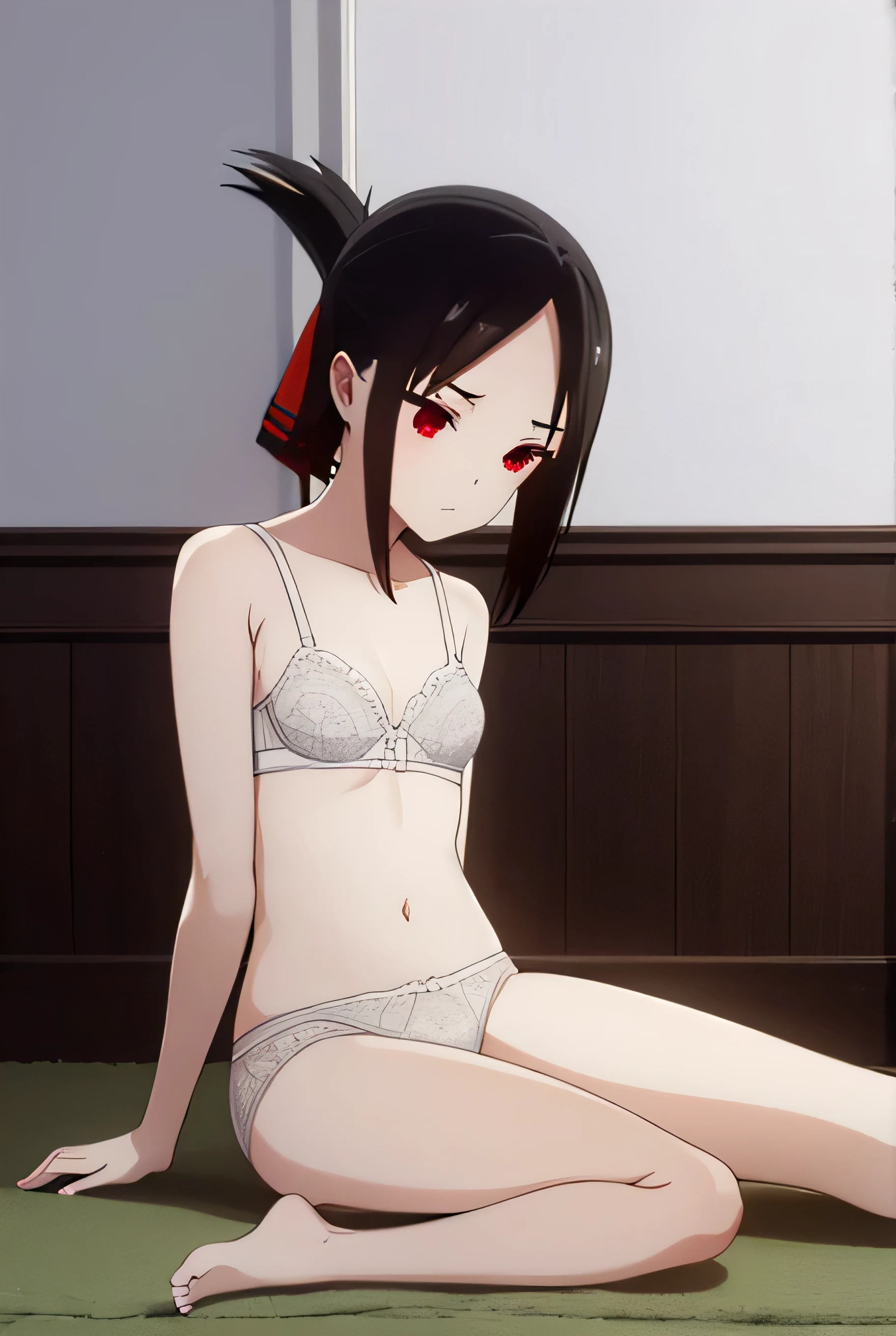  short hair, bangs, black hair, (red eyes:1.3), hair ribbon, sidelocks, folded ponytail, (parted bangs:1.5),
BREAK cute lace bra, black socks, no shoes, nsfw
BREAK indoors, bedroom, 
BREAK cute lace panties, BREAK full body view, ultra high quality, underwear, legs spread, sitting on floor, no shirt, panties, bra, best legs, best feet