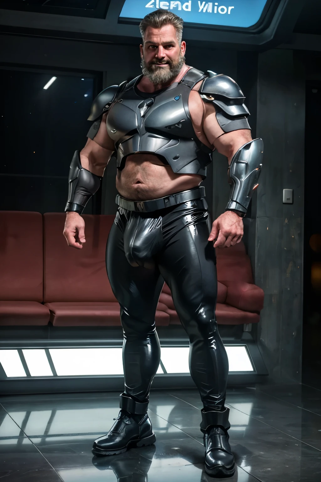 (handsome mature man), (50 yo), white man, wearing black latex pants, heavy boots(futuristic), see through(!) plastic chest armor (neon yellow highlights), revealing armor, nicebulge, (beefy:1.3), beard, looking at viewer, beautiful man, detailed eyes, symmetric face, smirk, robust, greying hair, futuristic planet, holding a raygun, (full body shot:1.7), on a spaceship, stars visible through big window(background),