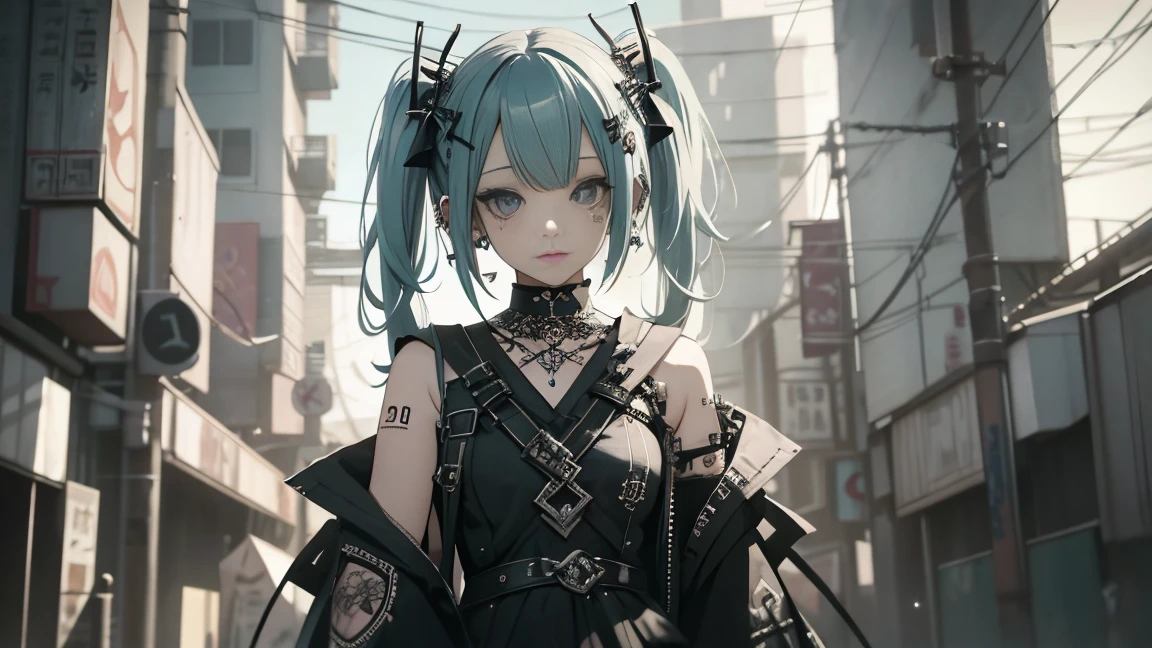 hair ornaments、Earrings、tattoo、Goth_punk, One Girl, solo,、highest quality, Realistic, Ultra-fine illustrations, Beautiful and attractive anime girl, miku hatsune, Slender body, Tied Hair, One Girl, Girl Photos, Full Body Shot, Beautiful Blue Eyes, Rotated,耳Nipple Ring、hair ornaments、gem、miku hatsune、
