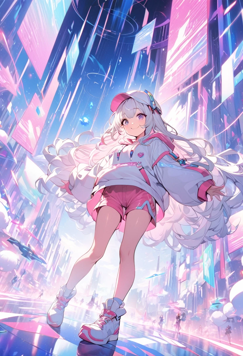 cute anime girl riding a colorful skateboard through a vibrant, futuristic digital landscape, long white hair with pastel pink highlights, wearing a cool white cap that emits glowing white particles, a colorful hoodie, pink shorts, and white sneakers, pink skateboard, surrounded by floating chats and words, smiling dynamically as she moves through the expansive, shiny internet space, best quality, 8k, ultra-detailed, cinematic lighting, vibrant futuristic colors, intricate textures, 1girl