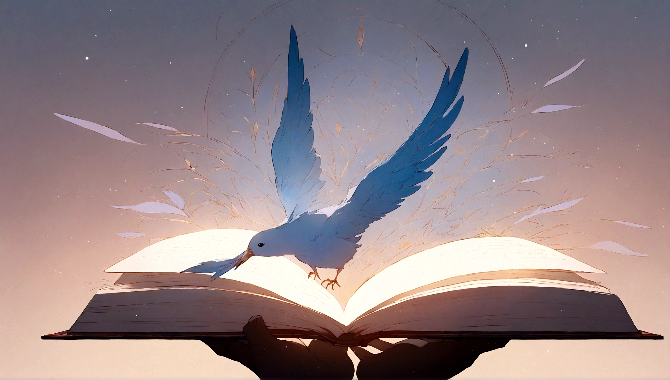 masterpiece, 4k, sharp focus, highest quality,wide shot. Imagine a book cover that conveys a sense of nostalgia and storytelling. The title of the book is " Penamemoria". Is a book about the creative, unique journey of a boy into becoming a musician storyteller. In his journey he finds a magical feather and a dreamy bird. Minimalistic, modern, dreamy logotype at the bottom of the book cover