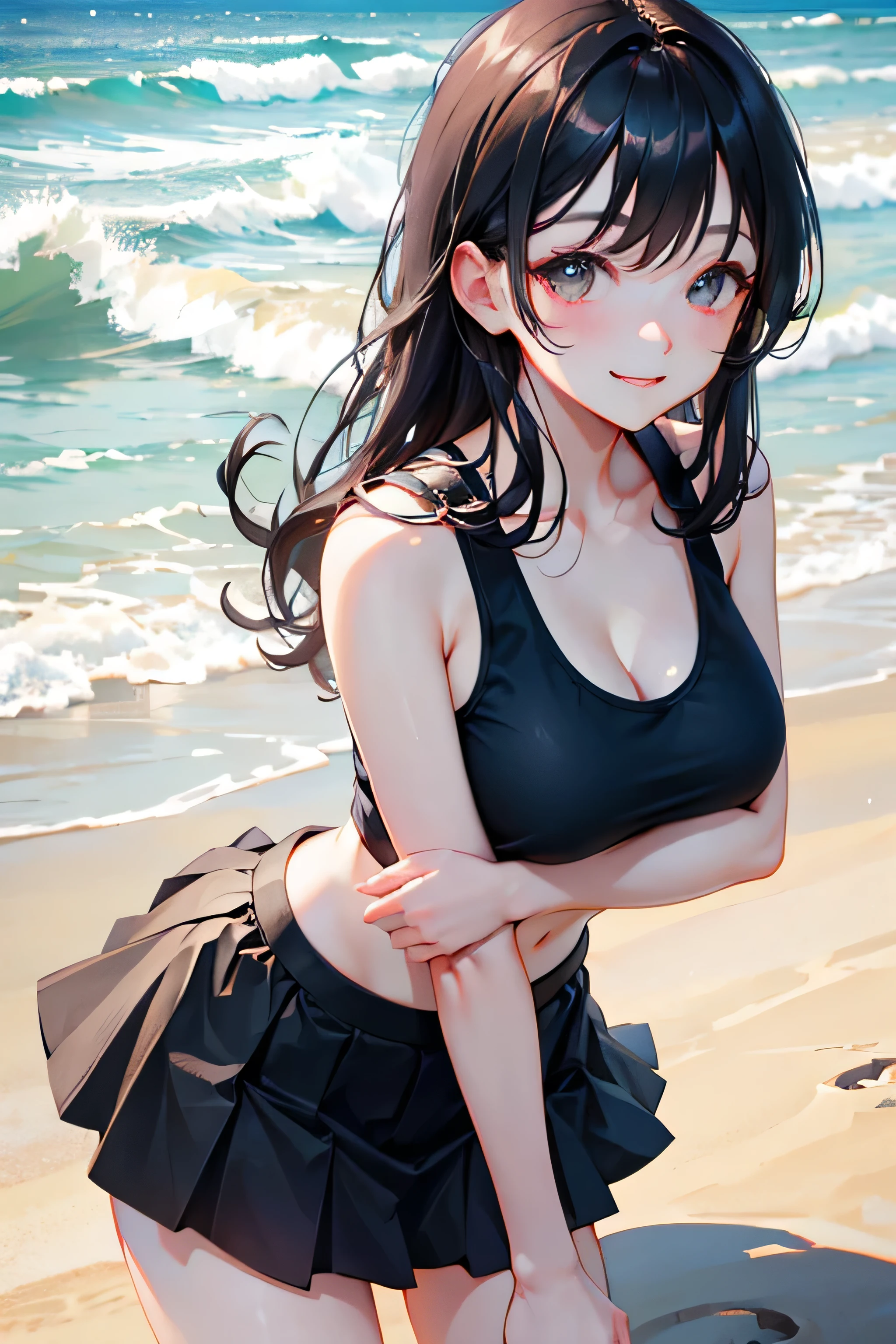 beautiful girl、Black Hair、smile、Tank top、Beautiful breasts、Black Skirt、Sandy Beach