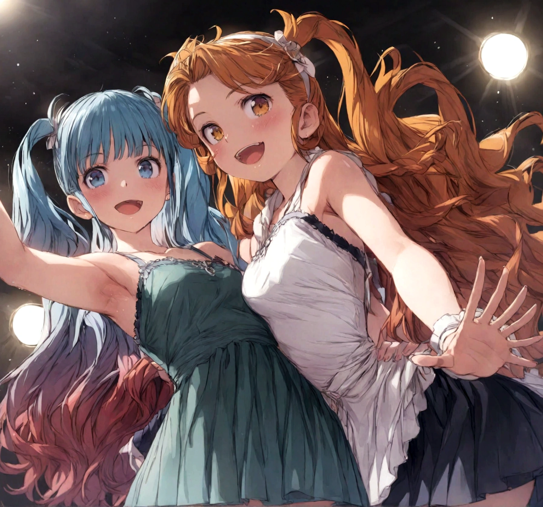 anime, chibe, (((Top quality, 4k, 8k, high resolution, masterpiece: 1.2))), (super detailed), (realistic), (photorealistic), (photorealistic: 1.37), (HDR, UHD), (studio (lighting)), ultra-fine drawing, sharp focus, physically based rendering, highly detailed, professional, vibrant colors, perfect ditaile hand, highly detailed realistic eyes, 

anime, cartoon, 

many girls in skirts and dresses lying in a circle, 
multiple girls, A lot of girls, 48 ​​girls,
Medieval European clothing, Medieval European citizen clothing, 
Many girls dancing on the stage, Countryside, Village Festival Stage, 

smile, open mouth, 
brown hair, black hair, green hair, pink hair, blue hair, blond, orange hair, 

long hair, Medium long hair, short hair, Twin tail hairstyle, braid hairstyle, 
ribbon, hair ornaments, hairband, white hairband, 
brown eyes, blue eyes, red eyes, black eyes, green eyes, Yellow Eyes, 

Mini skirt,thighhighs,  Long skirt, Pants, 
socks, 

looking at viewer,