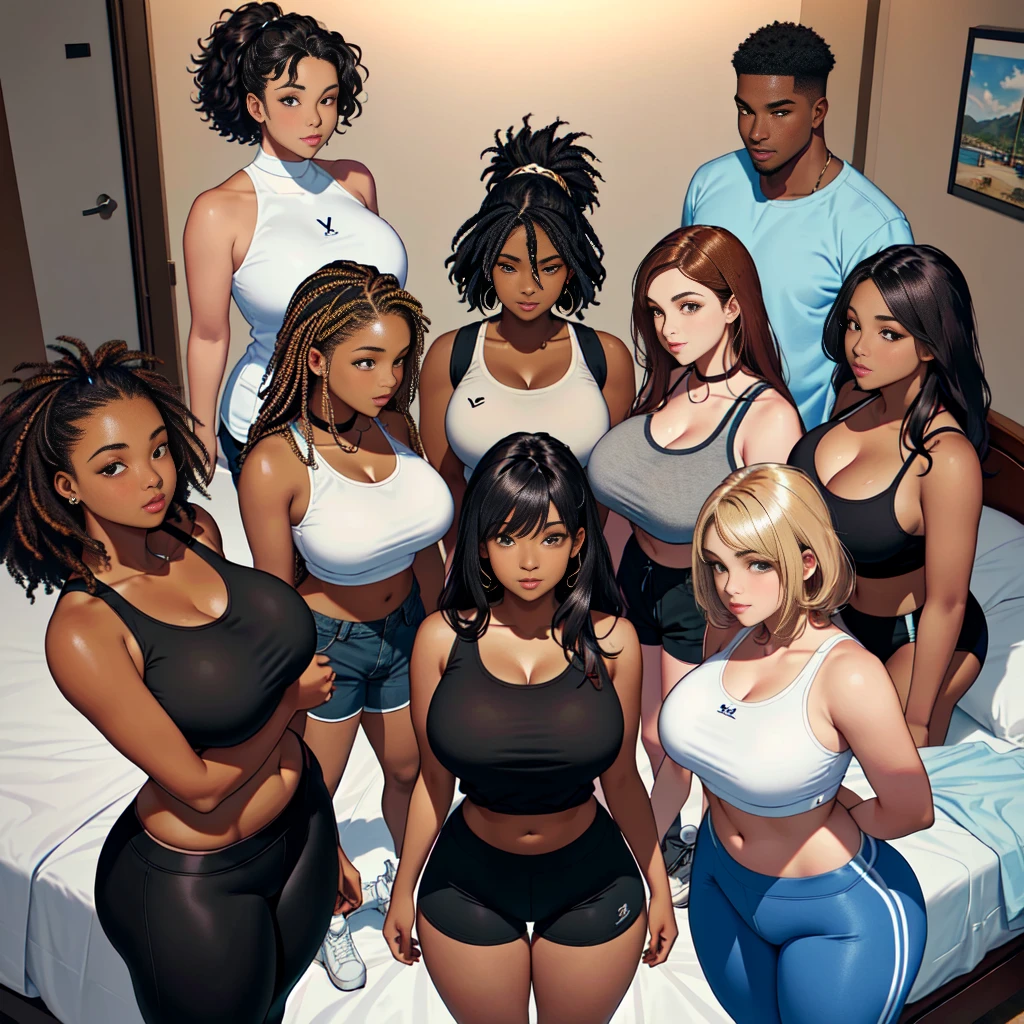 (A single black man laying on his back, in-bed wearing shorts, in-center of composition) A diverse group of five young adult Americans, representing different ethnicities and characteristics, wearing yoga-pants and tank-tops, displays their unique beauty with perfect bodies, large breasts, wide thicc-hips, Among them, there are blonde young adult girls with auburn hair, emanating an air of natural elegance. Brown young adult girls with silky locks and a captivating sheen show off their exotic beauty. Also present are black young adult girls with stunning curly hair, highlighting their authenticity and cultural pride, (the women surround a singular BLACK MAN with short-hair, from all sides) (in a bed) the women kiss the singular Black Man, touch the singular Black man,  (huge breast:1.2), (looking at man, wide hips:1.1), ,(thicc voluptuous:1.1),  masterpiece, high details, high quality, best quality.