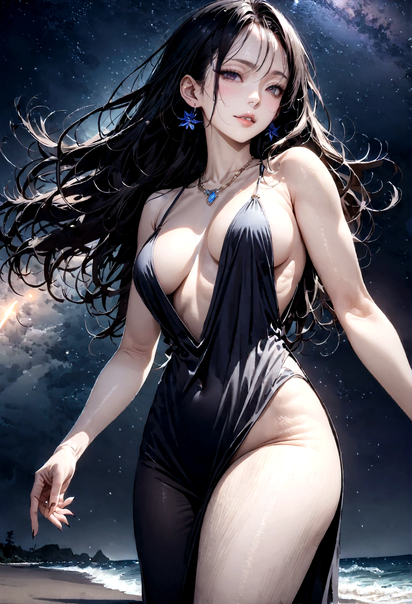 8k, masterpiece, RAW Photos, highest quality, Realistic, Very detailed, Depth of written boundary, Cinematic Light, Anatomically correct body,
One beautiful 40 year old woman, (Very beautiful face:1.3), (Exquisitely detailed face:1.3), (A seductive face:1.2), (Very delicate skin texture:1.3), Transparent muscle, Shiny white skin, Glamorous Body,
(Wavy black long hair:1.2), (Sexy Breasts:1.1), (Sexy ass:1.1),
(Summer Beach Dress:1.4), (Detailed cloth texture:1.2), (Gorgeous necklace:1.1), (Gorgeous earrings:1.1),
(Dark starry background:1.4), (Milky Way:1.1), (milky way:1.1), (shooting star:1.1), (Dark coastline at night:1.4), (Pitch black sea surface:1.4),
(Standing on the beach:1.2),
