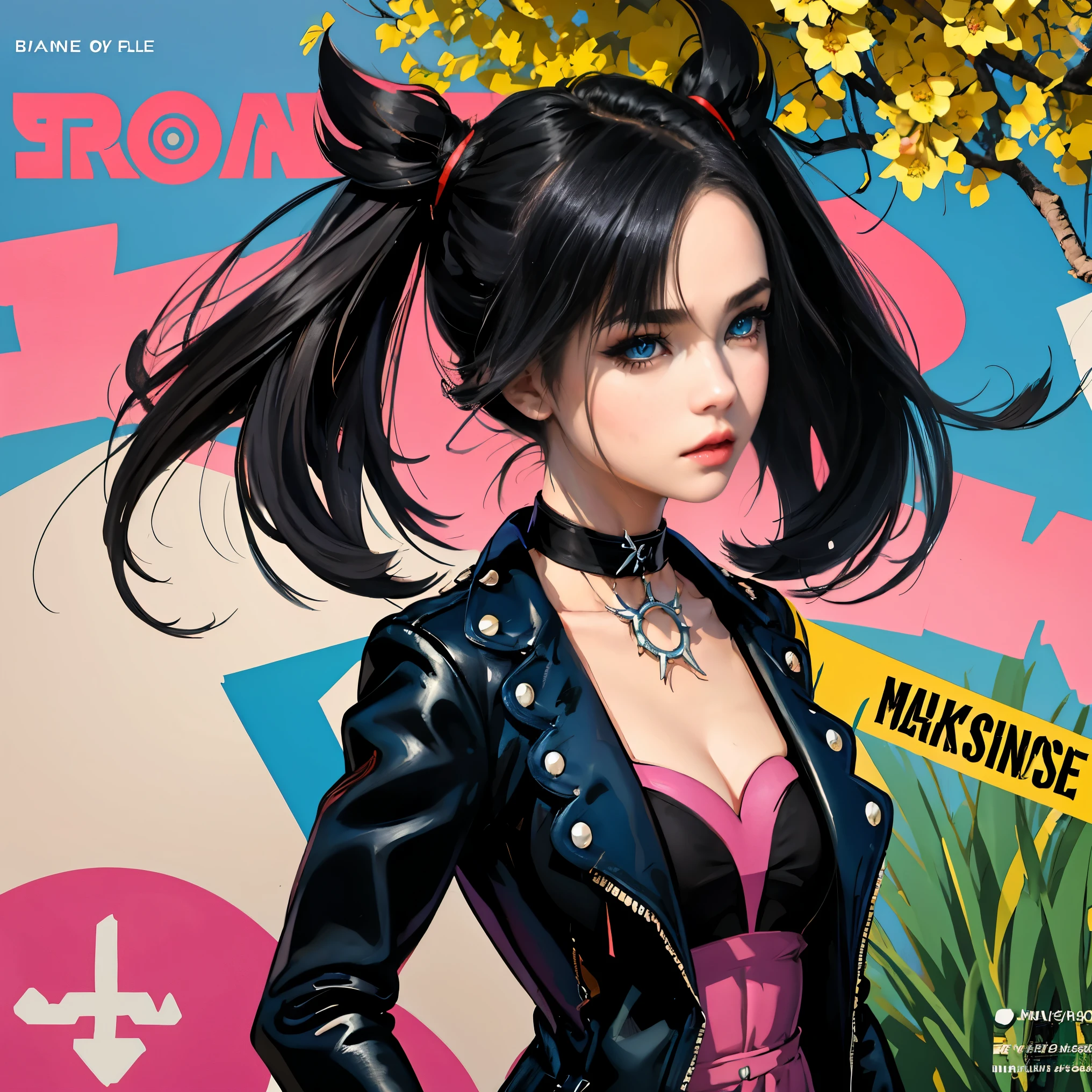 Marnie (pokemon), punk girl, masterpiece, best quality, highres, marnie, aqua eyes, choker, red ribbon, Side bangs, black hair, much hair, big breasts, black lether jacket, pink dress, masterpiece, best quality, spring outfit, colorful hair, outdoor, magazine cover ,upper body, adult, 26 years.
