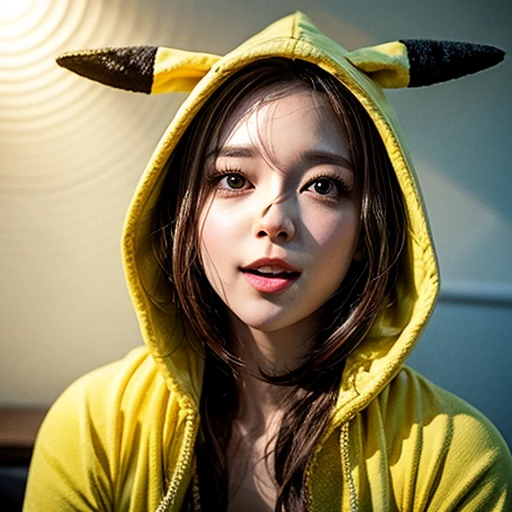 (Girl in ((Yellow)) Pikachu hood), (naked hoodie, hood loosely open) . masterpiece 8K best quality, (RAW PhotoRealistic HyperRealism:1.37) Ultra-detailed, (Acutance:0.85), VolumetricLighting, Studio gray background with (Colorful Light particles, Blurred colorful Lights dazzling bokeH:1.28), { on knees | kneeling | legs spread | hands above head | (Overflowing Gigantic Cleavage;1.2) | (Golden ray illuminating face) | (Photon Particles:0.95) } . BREAK . (((Extremely detailed KAWAII face))), perfect anatomy, Childish, CaptivatingGaze, Elaborate detailed Eyes with (Sparkling Highlights:1.28), Beautifull Pupils, (Voluminous Long Eyelashes:0.88)、Glossy Lips, Rosy Cheeks, (Detailed Flawless FineSkin, Radiant PearlSkin with Transparency), Shiny SilkyHair . { (joyful expressions:1.28) | (:d) }, (Large eyes:-1) .