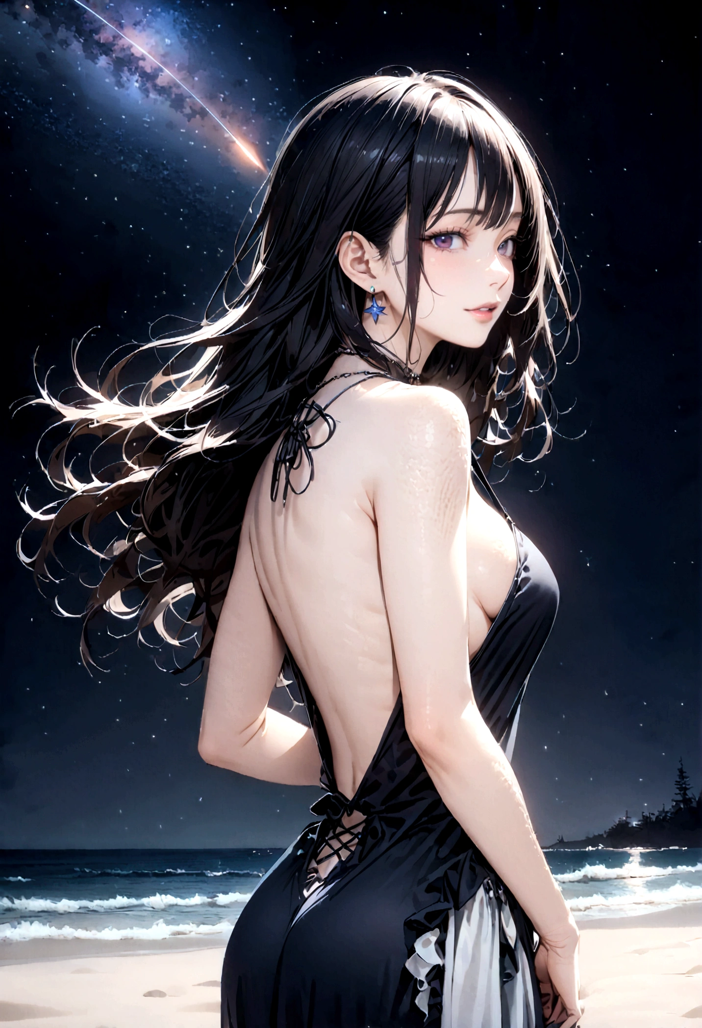 8k, masterpiece, RAW Photos, highest quality, Realistic, Very detailed, Depth of written boundary, Cinematic Light, Anatomically correct body,
One beautiful 40 year old woman, (Very beautiful face:1.3), (Exquisitely detailed face:1.3), (A seductive face:1.2), (Very delicate skin texture:1.3), Transparent muscle, Shiny white skin, Glamorous Body,
(Wavy black long hair:1.2), (Sexy Breasts:1.1), (Sexy ass:1.1),
(Summer Beach Dress:1.4), (Detailed cloth texture:1.2), (Gorgeous necklace:1.1), (Gorgeous earrings:1.1),
(Dark starry background:1.4), (Milky Way:1.1), (milky way:1.1), (shooting star:1.1), (Dark coastline at night:1.4), (Pitch black sea surface:1.4),
(Standing on the beach:1.2),