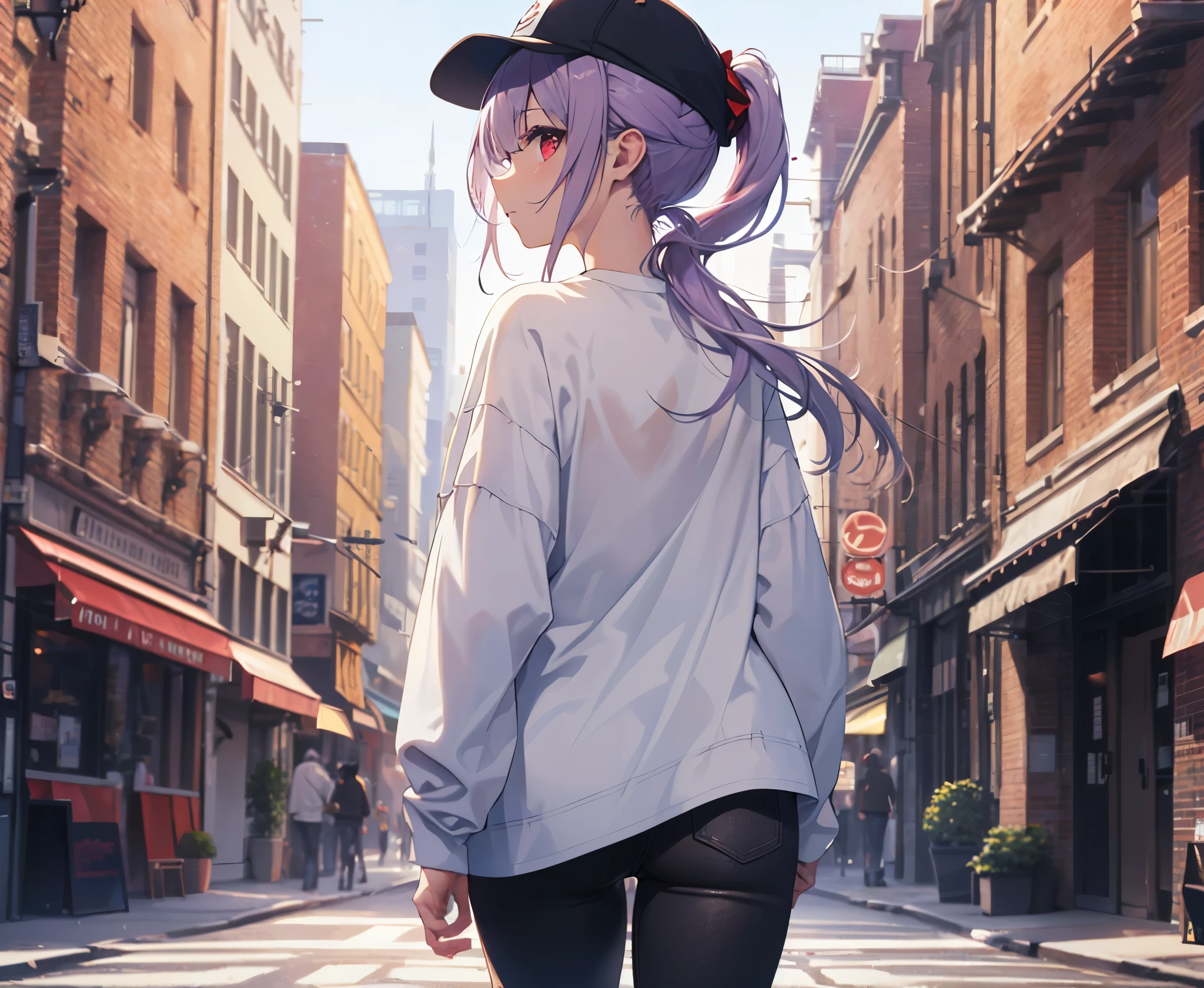 (Close-up:1.3),Realistic,highest quality, Super detailed, High-quality CG rendering, The most delicate and beautiful, Floating softly, High resolution, (1 female), (highest quality,4K,8k,masterpiece:1.2), Light purple hair,(ponytail:1.5),Red eyes,(White oversized long sleeve T-shirt:1.3),(Black skinny pants:1.3),(White cap:1.3),In the city,old buildings,(Turn your back to your audience:1.3),Butt