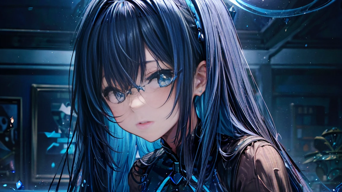 Adult female、Luminescent Blue、黒Luminescent Blue、、((((Dark blue straight hair))))、cute design&#39;Glasses、uniform、(Background Library)、(((Royal Magical Library)))librarian、Glasses available