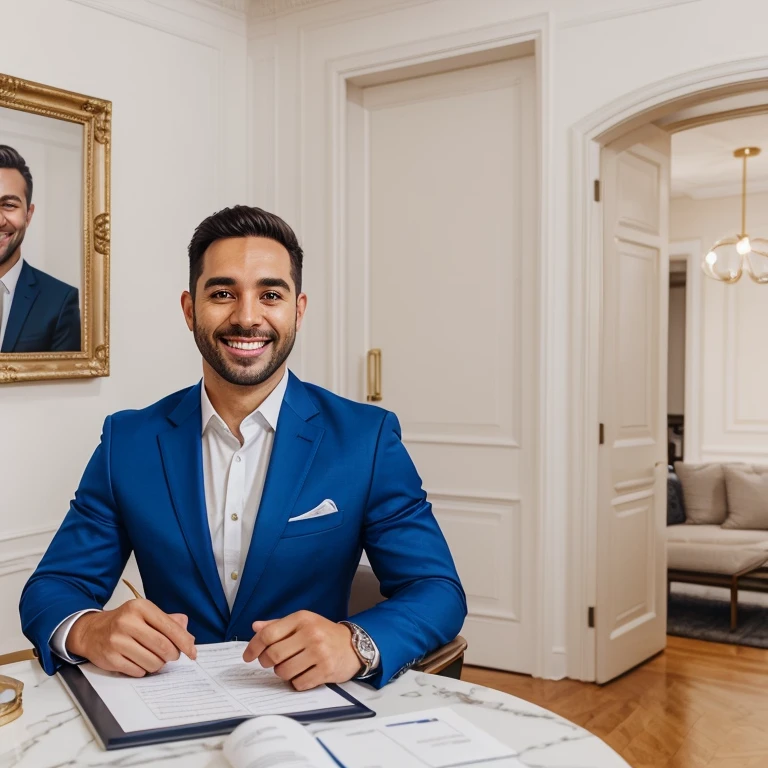 An instagram post about a real estate ad, a realtor promoting his expertise, portrait of a realtor smiling, confident, blue suit white shirt, golden watch, background a highly detailed apartment, luxury interior design, canva, social media,