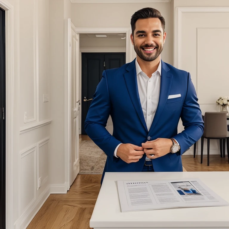 An instagram post about a real estate ad, a realtor promoting his expertise, portrait of a realtor smiling, confident, blue suit white shirt, golden watch, background a highly detailed apartment, luxury interior design, canva, social media,