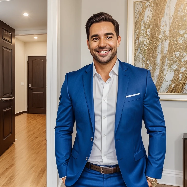 An instagram post about a real estate ad, a realtor promoting his expertise, portrait of a realtor smiling, confident, blue suit white shirt, golden watch, background a highly detailed apartment, luxury interior design, canva, social media, 
