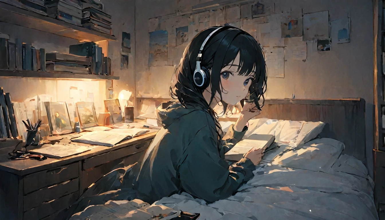 Beautiful girl studying in her room while listening to music with headphones、Warm lighting、Outside the room, Japanese anime style