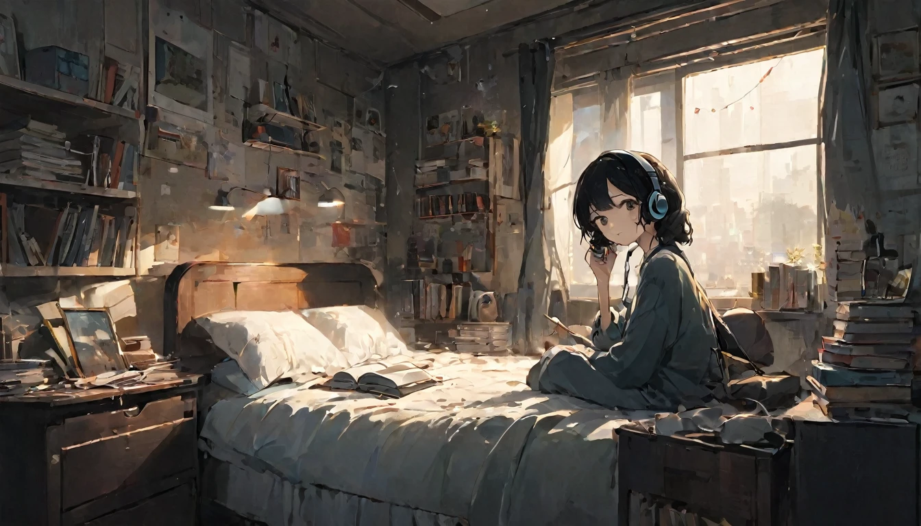 A room with a messy desk and books. Sitting on the bed、Wearing headphones while listening to music。Black haired girl anime illustration、Dark Eyes、Japanese