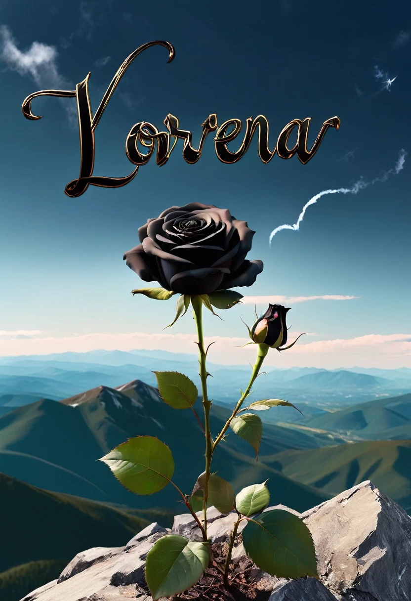 An eternal black rose on a mountain and letters in the sky with the name Lorena