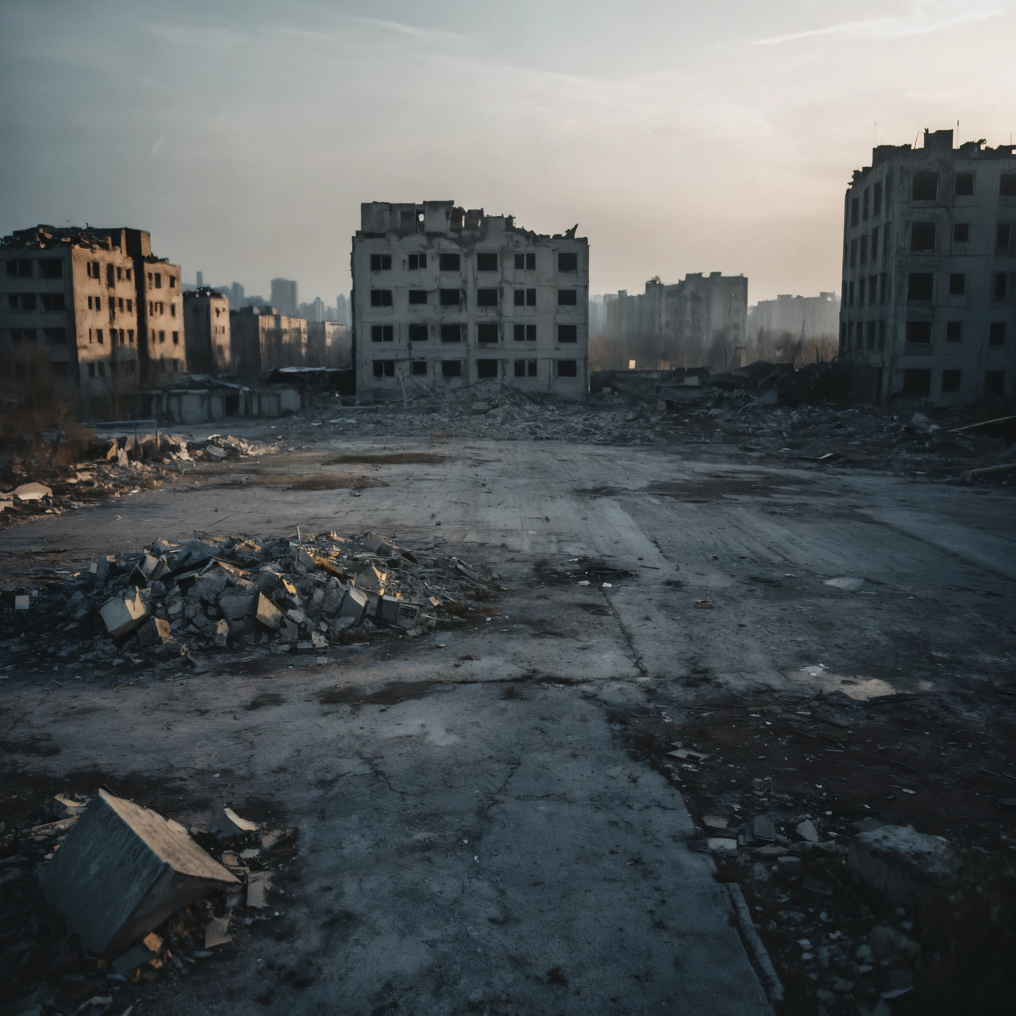 Photography of a desolate, post-apocalyptic landscape, shattered concrete with crumbled buildings in the background, abandoned, ruined, gray and polluted, (gaussian blur:1.1) (high key photo masterpiece:1.2) raw photo, (film grain:1.3), depth field, bokeh, Best quality, masterpiece, ultra high res, (photorealistic:1.4), (smooth light:1.4), photorealistic, cinematic lighting, dark atmosphere, volumetric lighting, highly detailed and intricate, muted and desaturated palette