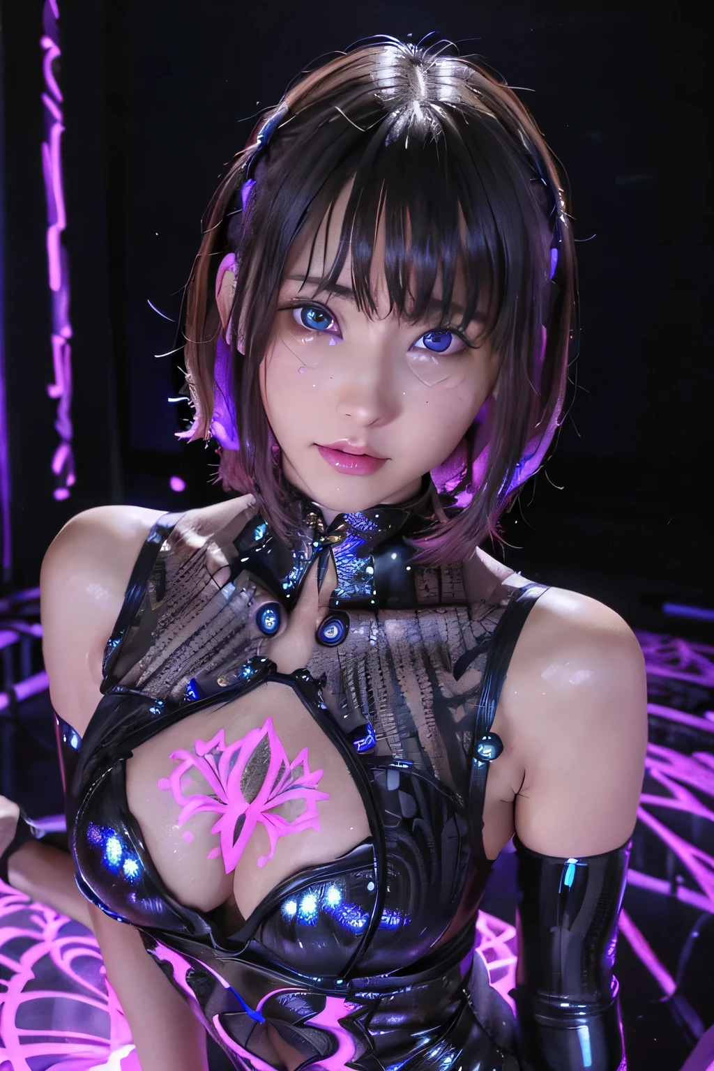 ((masterpiece))、((highest quality))、beautiful girl with a cold face、Dark cave background、Tearful blue eyes that glow in the dark、(Ultra high detail)、(Detailed face)、Very perfect beautiful and cute face、(Detailed Hair)、Beautiful Hair、bangs、(Symmetrical eyes:1.3)、(Detailed eyes)、(Detailed skin)、Realistic Skin、Ultra-high resolution、(Mid-chest:0.7、Shapely breasts)、(Slim figure)、(Supermodel body type)、A kind smile:1.1、(Intricately patterned damask black light paint bodysuit:1.3)、(Cowboy Shot)、(In a dark room:1.5)、(Cyberpunk black light painting background:1.3),