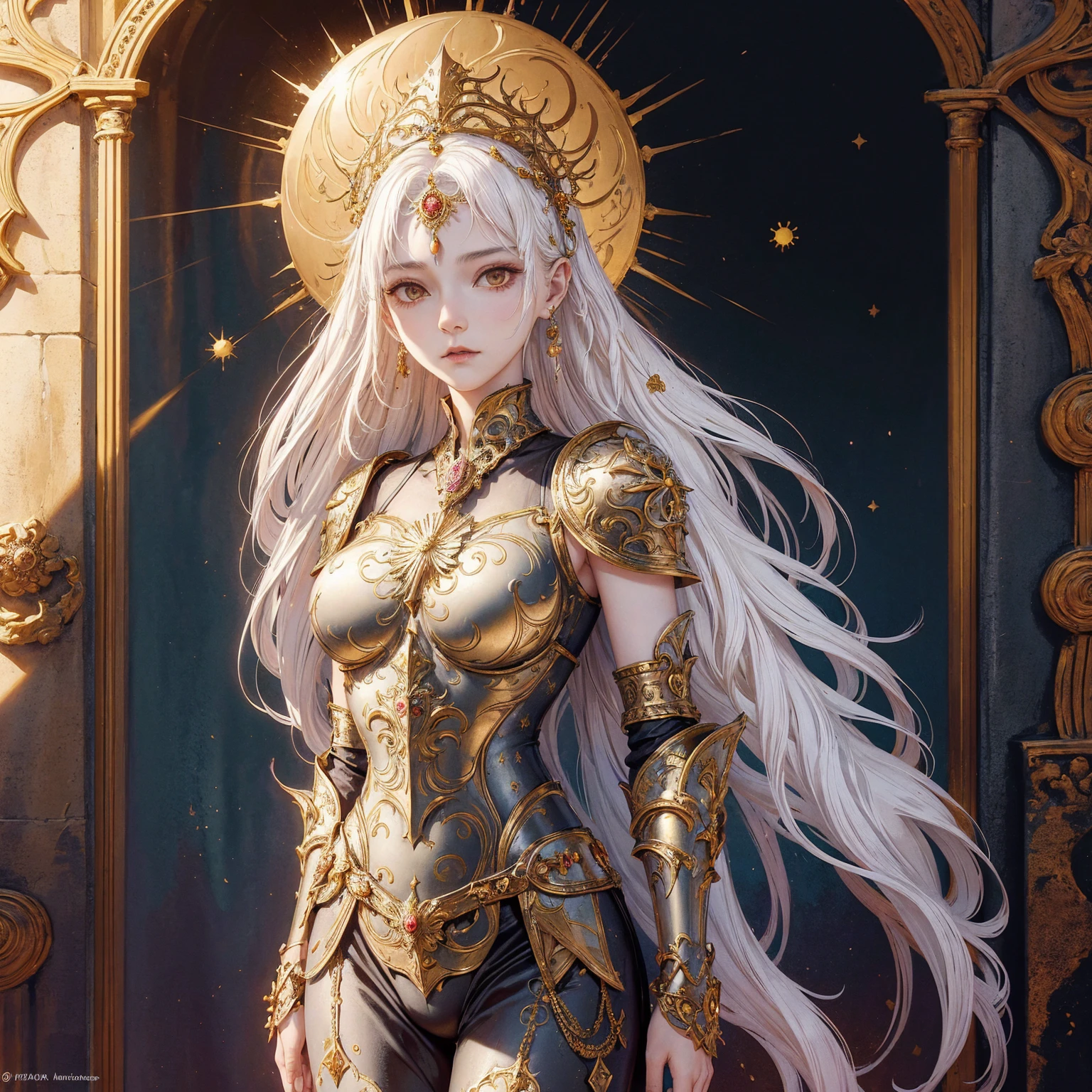 Art of a Woman Wearing a Sun Crown, Wearing a gorgeous breastplate that exposes a small amount of breast skin, ancient goddess art, Sacredness. Very detailed, Mysterious inspiration, Inspiration from the Sun God, Religious inspiration, Cold and snobbish face, White hair, Standing, Full body portrait, Gothic art style, Weird art style, Occult art