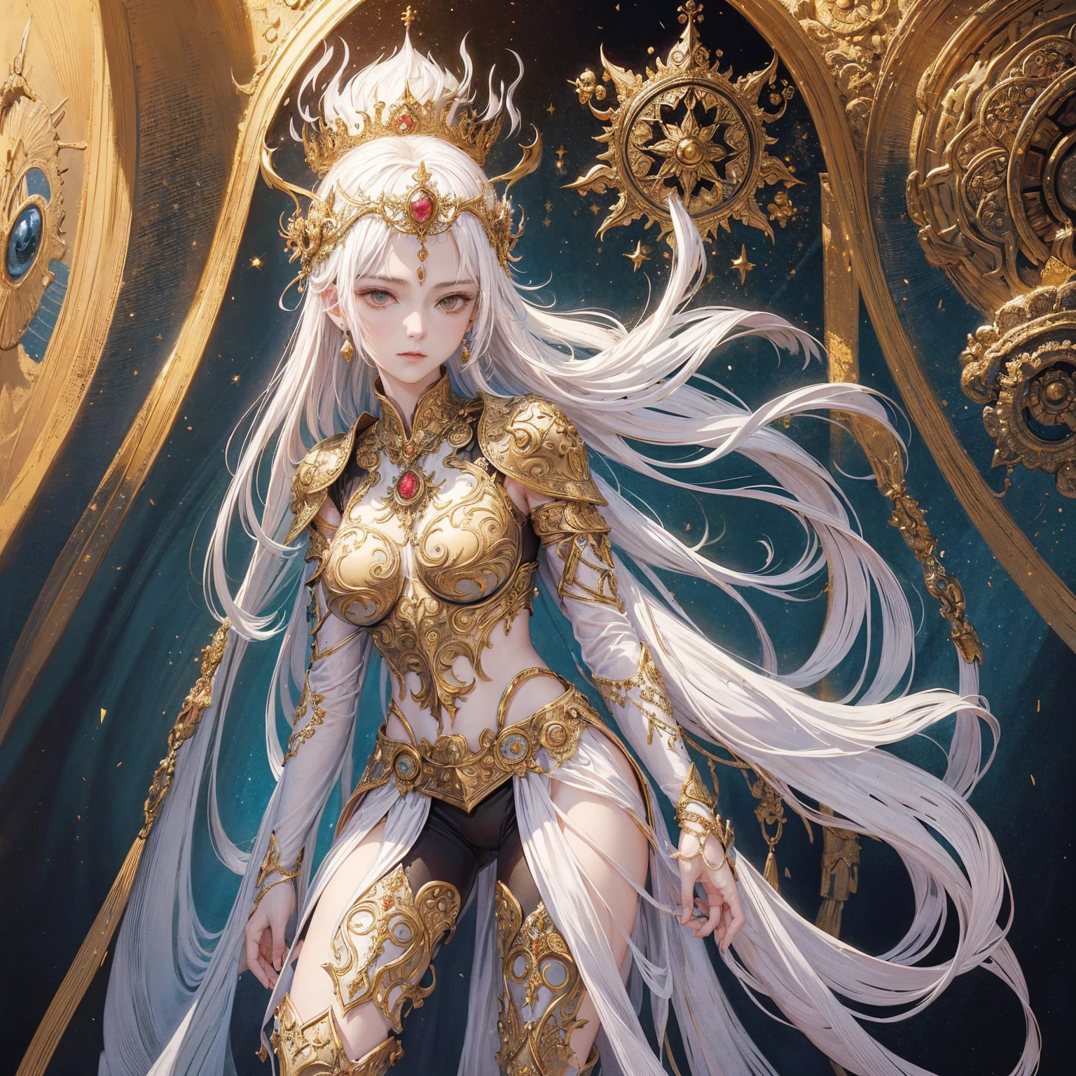 Art of a Woman Wearing a Sun Crown, Wearing a gorgeous breastplate that exposes a small amount of breast skin, ancient goddess art, Sacredness. Very detailed, Mysterious inspiration, Inspiration from the Sun God, Religious inspiration, Cold and snobbish face, White hair, Standing, Full body portrait, Gothic art style, Weird art style, Occult art