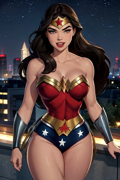 Natural Beauty, Masterpiece, Hailee Steinfeld, Perfectly Accurate Face Proportion, Thick Eyebrows, Wonder Woman, Wonder Woman Tiara, Big Breast, Curve Wide Hips, Toned Thighs, Toned Arms, Sheild in her hand, on a rooftop looking over the night city, Grin On Her Face