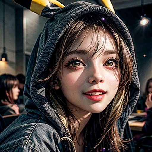 (Girl in ((Yellow)) Pikachu hood), (naked hoodie, hood loosely open) . masterpiece 8K best quality, (RAW PhotoRealistic HyperRealism:1.37) Ultra-detailed, (Acutance:0.85), VolumetricLighting, Studio gray background with (Colorful Light particles, Blurred colorful Lights dazzling bokeH:1.28), { on knees | kneeling | legs spread | hands above head | (Overflowing Gigantic Cleavage;1.2) | (Golden ray illuminating face) | (Photon Particles:0.95) } . BREAK . (((Extremely detailed KAWAII face))), perfect anatomy, Childish, CaptivatingGaze, Elaborate detailed Eyes with (Sparkling Highlights:1.28), Beautifull Pupils, (Voluminous Long Eyelashes:0.88)、Glossy Lips, Rosy Cheeks, (Detailed Flawless FineSkin, Radiant PearlSkin with Transparency), Shiny SilkyHair . { (joyful expressions:1.28) | (:d) }, (Large eyes:-1) .