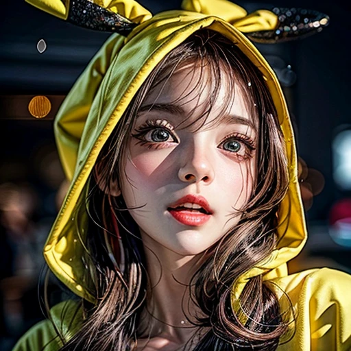 (Girl in ((Yellow)) Pikachu hood), (naked hoodie, hood loosely open) . masterpiece 8K best quality, (RAW PhotoRealistic HyperRealism:1.37) Ultra-detailed, (Acutance:0.85), VolumetricLighting, Studio gray background with (Colorful Light particles, Blurred colorful Lights dazzling bokeH:1.28), { on knees | kneeling | legs spread | hands above head | (Overflowing Gigantic Cleavage;1.2) | (Golden ray illuminating face) | (Photon Particles:0.95) } . BREAK . (((Extremely detailed KAWAII face))), perfect anatomy, Childish, CaptivatingGaze, Elaborate detailed Eyes with (Sparkling Highlights:1.28), Beautifull Pupils, (Voluminous Long Eyelashes:0.88)、Glossy Lips, Rosy Cheeks, (Detailed Flawless FineSkin, Radiant PearlSkin with Transparency), Shiny SilkyHair . { (joyful expressions:1.28) | (:d) }, (Large eyes:-1) .
