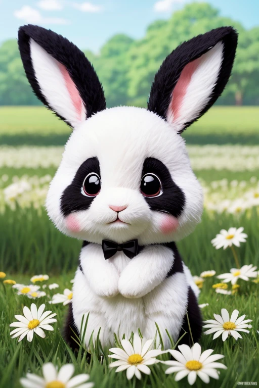 Rabbit、Anime Style、Panda pattern、cute、The background is a flower field、Looks happy、Black Ear、Looking at this
