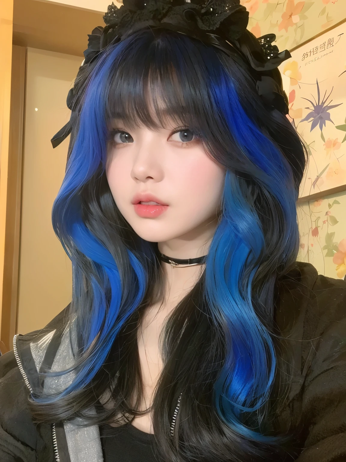 masterpiece, best quality, Black and blue hair girl,Black on head,Blue highlights hairstyle,Long curly hair,20 years old,Chinese Girl,Sweet cool girl,a girl,Exquisite facial features,