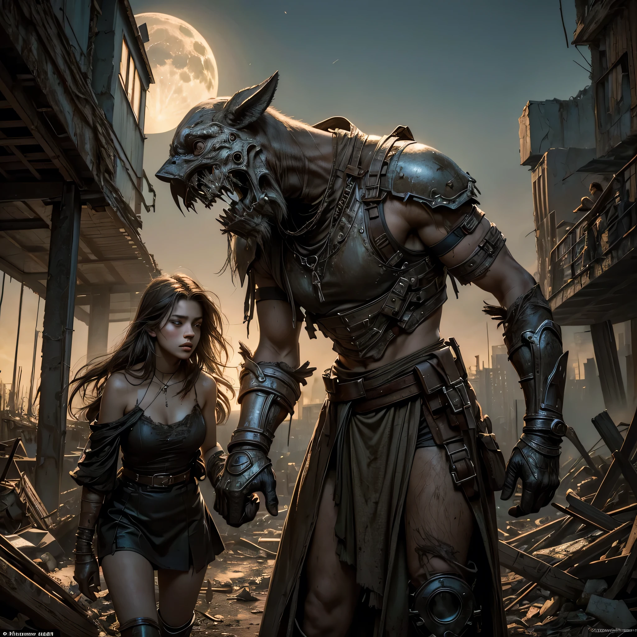(Masterpiece, Epic Realism, Best Quality: 1.4)
Two friends, their bond a testament to the lasting power of friendship, stand amidst the desolate ruins of a post-apocalyptic cityscape under the dim light of a crashed moon. The muted, neutral tones of the landscape contrast sharply with the vibrant, intricate details etched onto their faces, a testament to the state-of-the-art artistry of this cinematic shot.
The girls, clad in tattered fabric remnants, have their hands locked together, a symbol of their unwavering companionship in the face of the end of the world. Their eyes