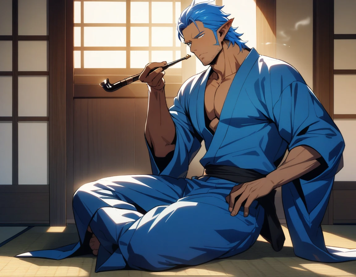1man, mature elf, 40yo, blue short hair, forehead, masculine, handsome, tanned skin, stubble, tough gentleman, flaped backhair, ear cuffs, male high ratio body proportions, beautiful detailed eyes, solo, fullbody, yukata, japanese smoking pipe, on side, smoking, sexy male emotion, in washitsu, detailed background, cinematic colored, caustics, textile shading, cinematic shadows, cinematic lighting, lens flare, light leaks, romantic expression, 2010s, in isekai style, elegant quality, extreme all detailed, sharp vision, masterpiece, best quality