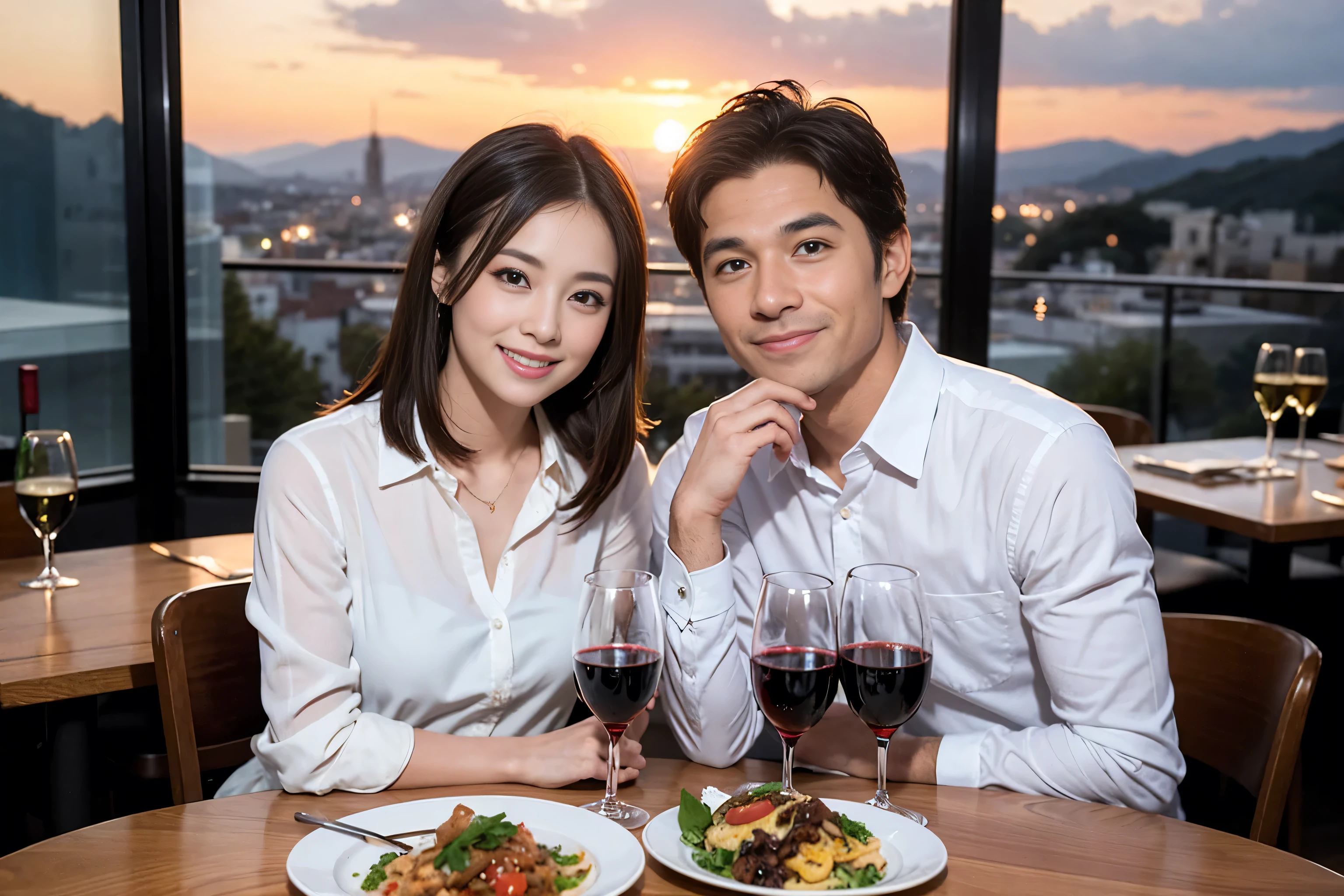 ((highest quality、8k、masterpiece:1.3))、1 male 1 female、Spouse、Beautiful couple、smile、 (Slim face), (the body is スリム), (Brown Hair), (Shortcuts), Wine glass on the table、Please shine a light on my face、 Amazing view of the sunset sky and clouds、Amazing mountain views、The beauty of a smile、Bright image、Blushing, Shortcuts,Bright Face、 (Age 35), 39 years old, red wine 、Appetizers、Italian food、Wine bottle、Champagne、sparkling wine、Long sleeve shirt、dress、Attractive beauty、restaurant, Nova Frog Style, actress, model, Upper Body, White wine, red wine, wine glass,